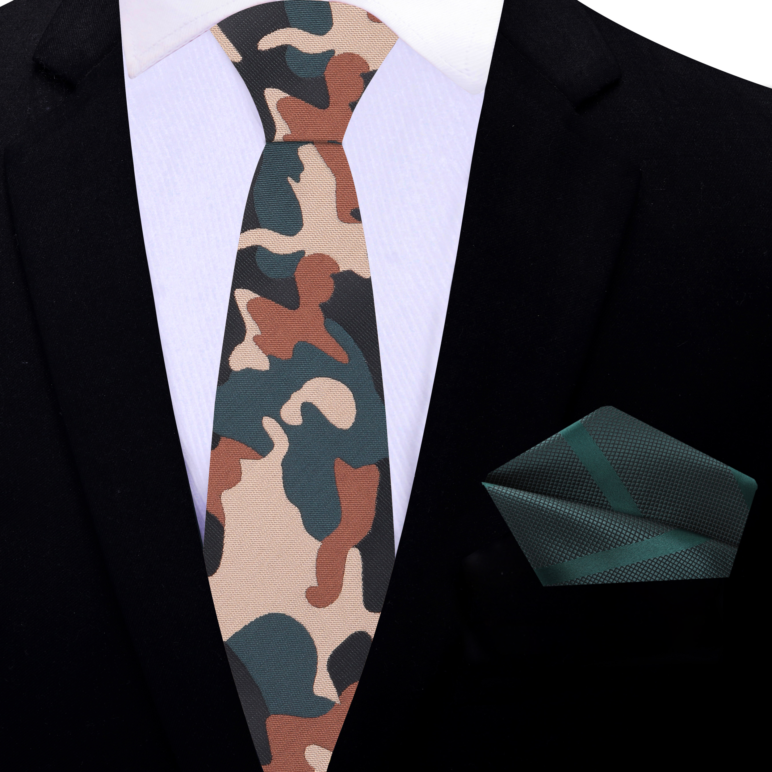 Close-up of the silk fabric highlighting the bold camouflage fleck design and earthy tones