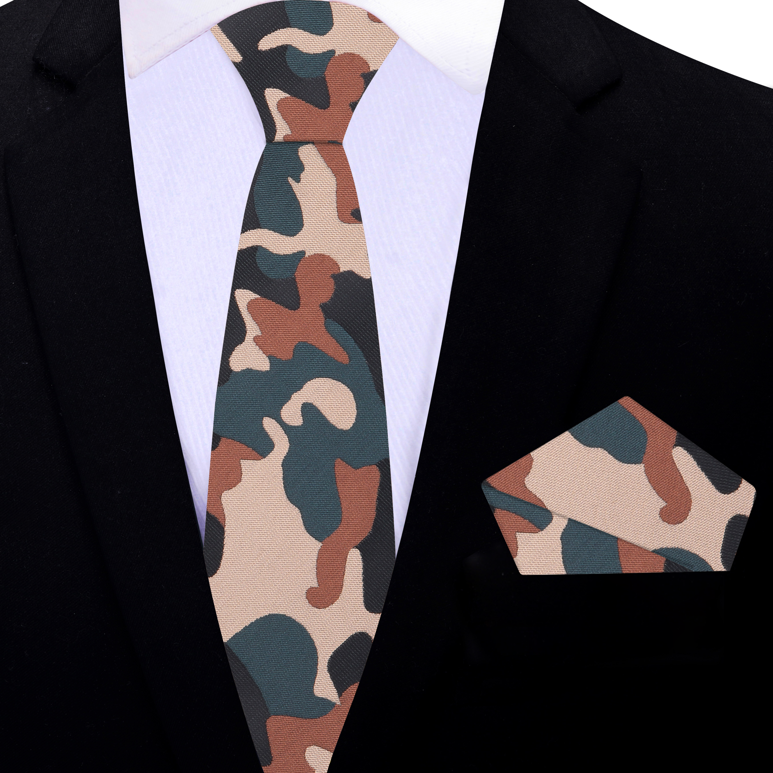 Close-up of the silk fabric highlighting the bold camouflage fleck design and earthy tones