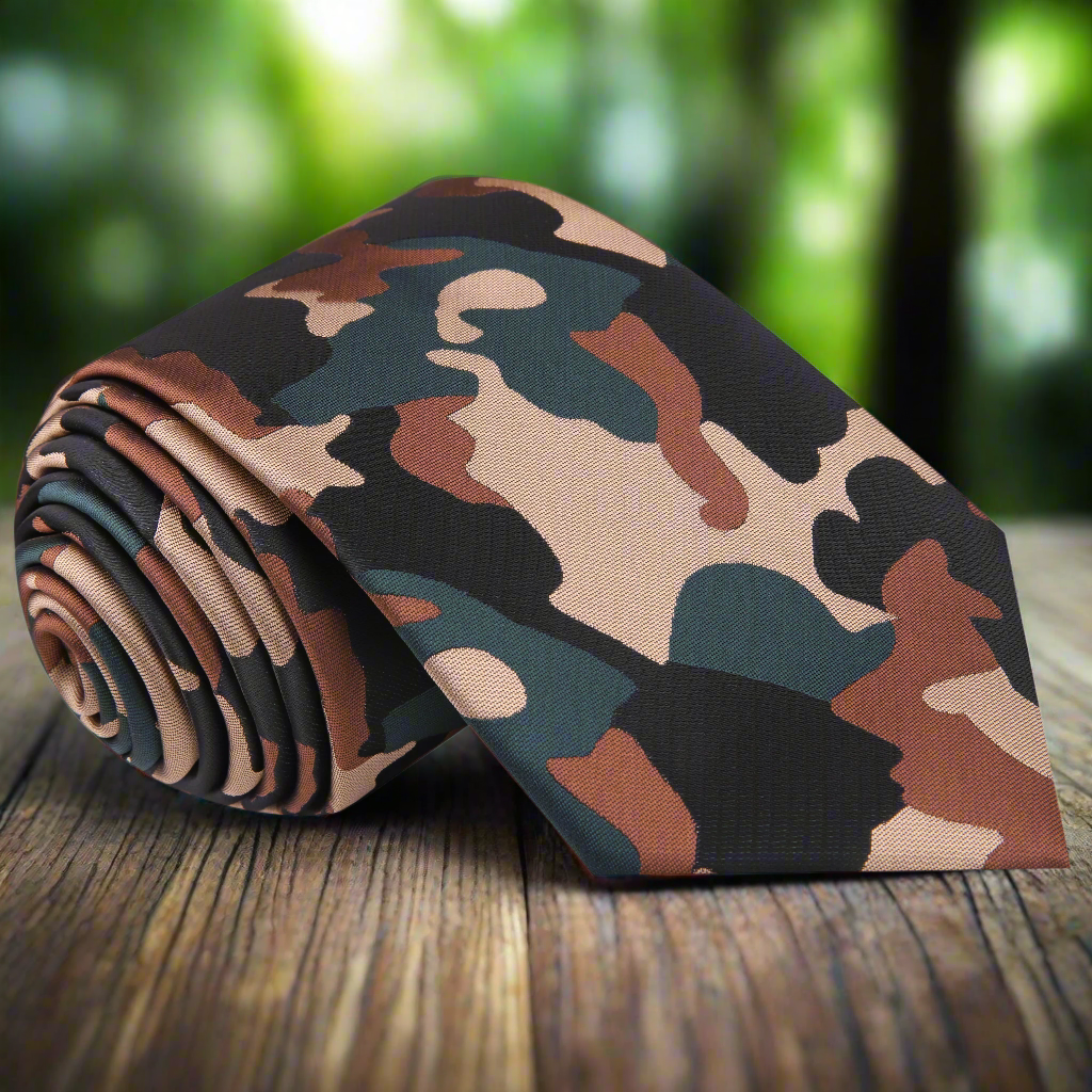 Men's camouflage necktie featuring military-inspired green, brown, and black fleck pattern, ideal for casual outfits