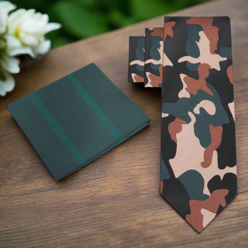 Mens camouflage necktie featuring military-inspired green, brown, and black fleck pattern, ideal for casual outfits