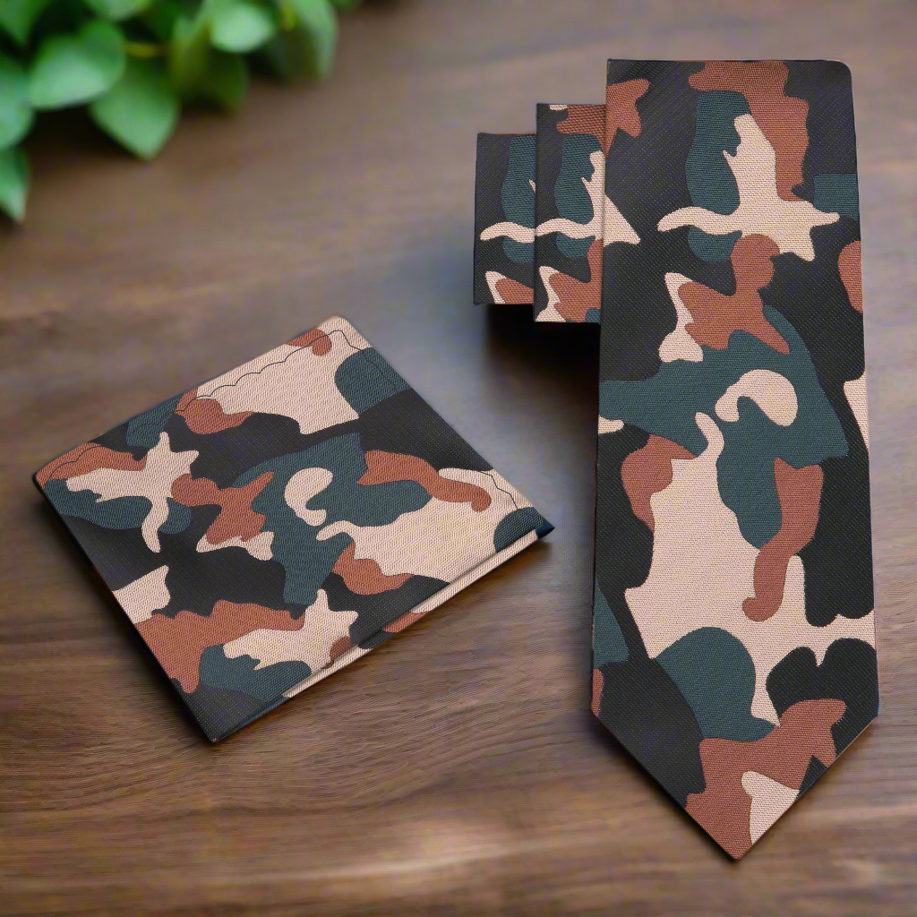 Mens camouflage necktie featuring military-inspired green, brown, and black fleck pattern, ideal for casual outfits