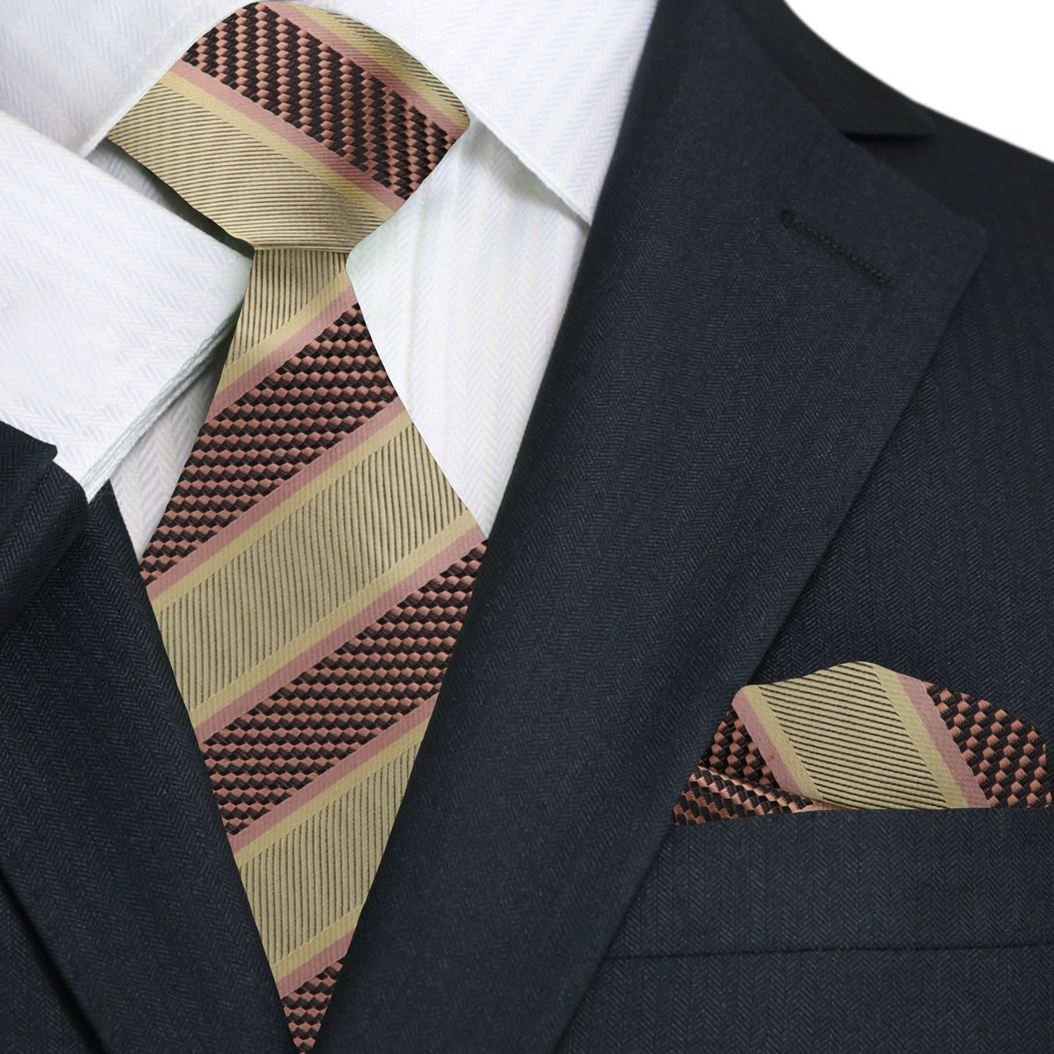 Elegant silk necktie and handkerchief set displayed on a wooden surface for networking events