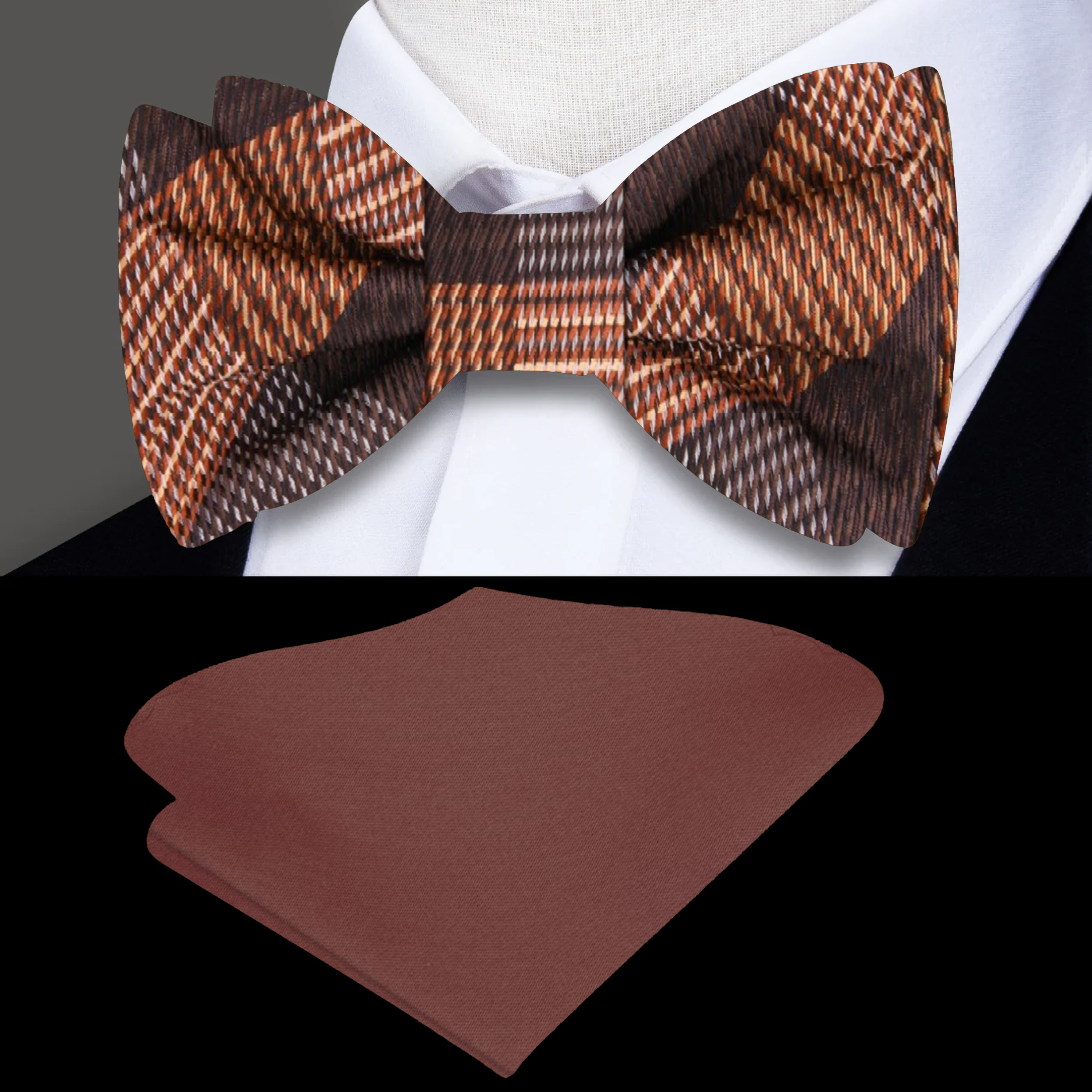 Elegant rusty orange plaid silk bow tie styled with a formal shirt for wedding attire