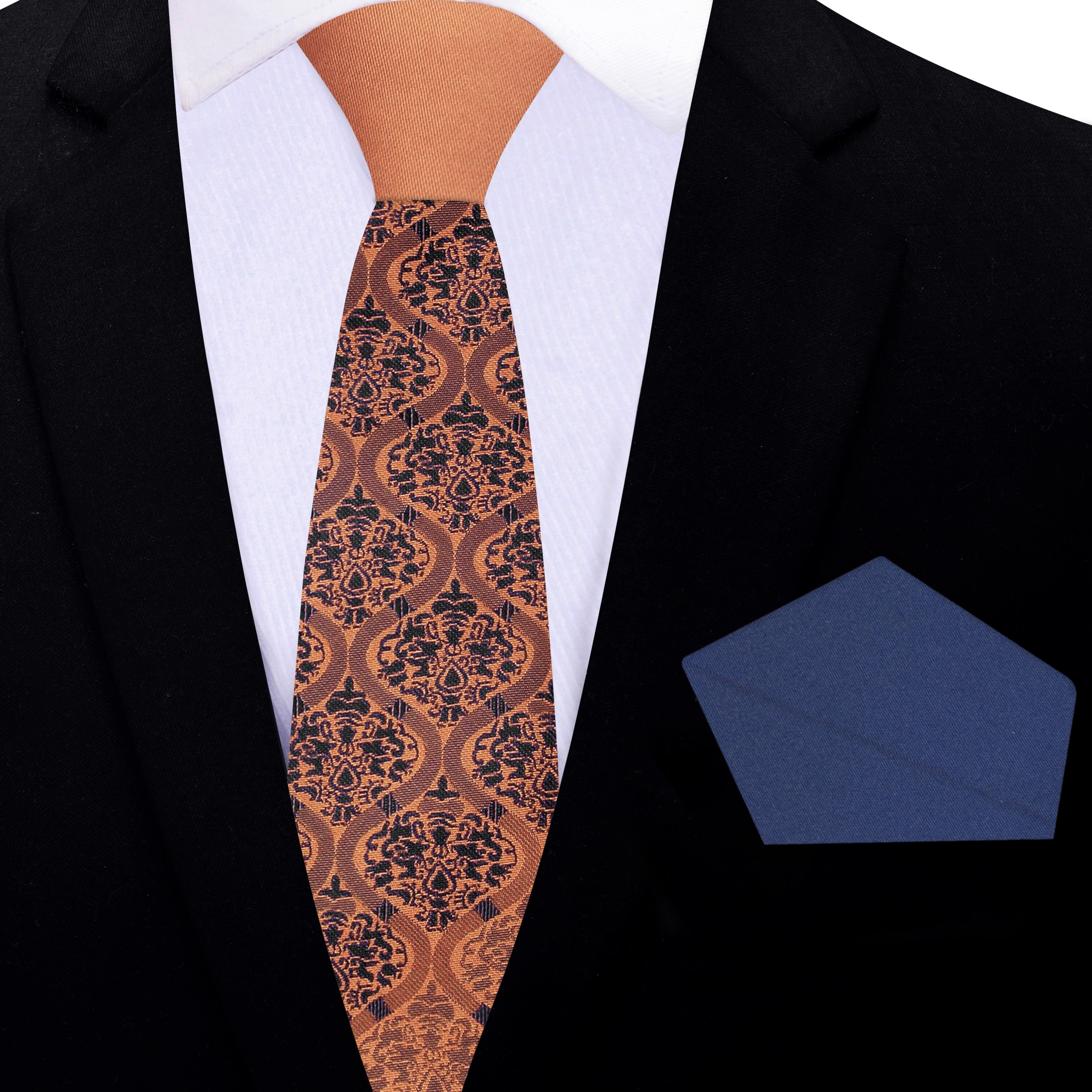 The matching copper and blue pocket square alongside the Abstract Copper and Blue Silk Tie, highlighting its elegant design.