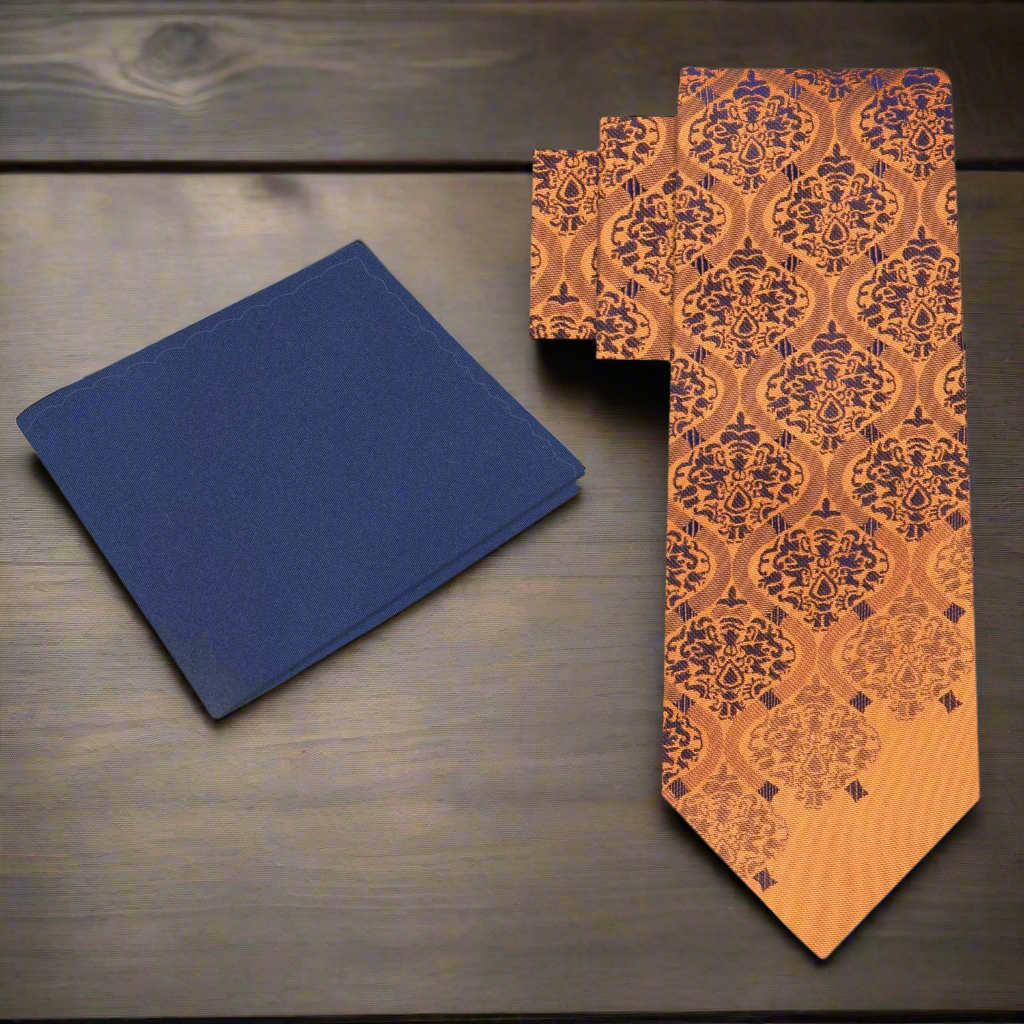 Close-up of the Abstract Copper and Blue Silk Tie showcasing intricate details and vibrant colors.