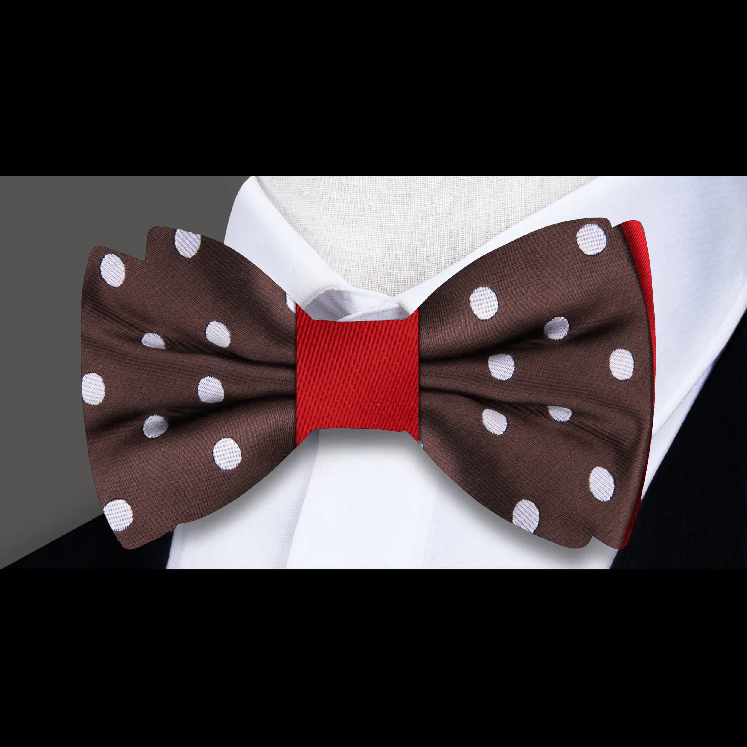 Gryndale polka dot bow tie in brown, white, and red for weddings and formal wear