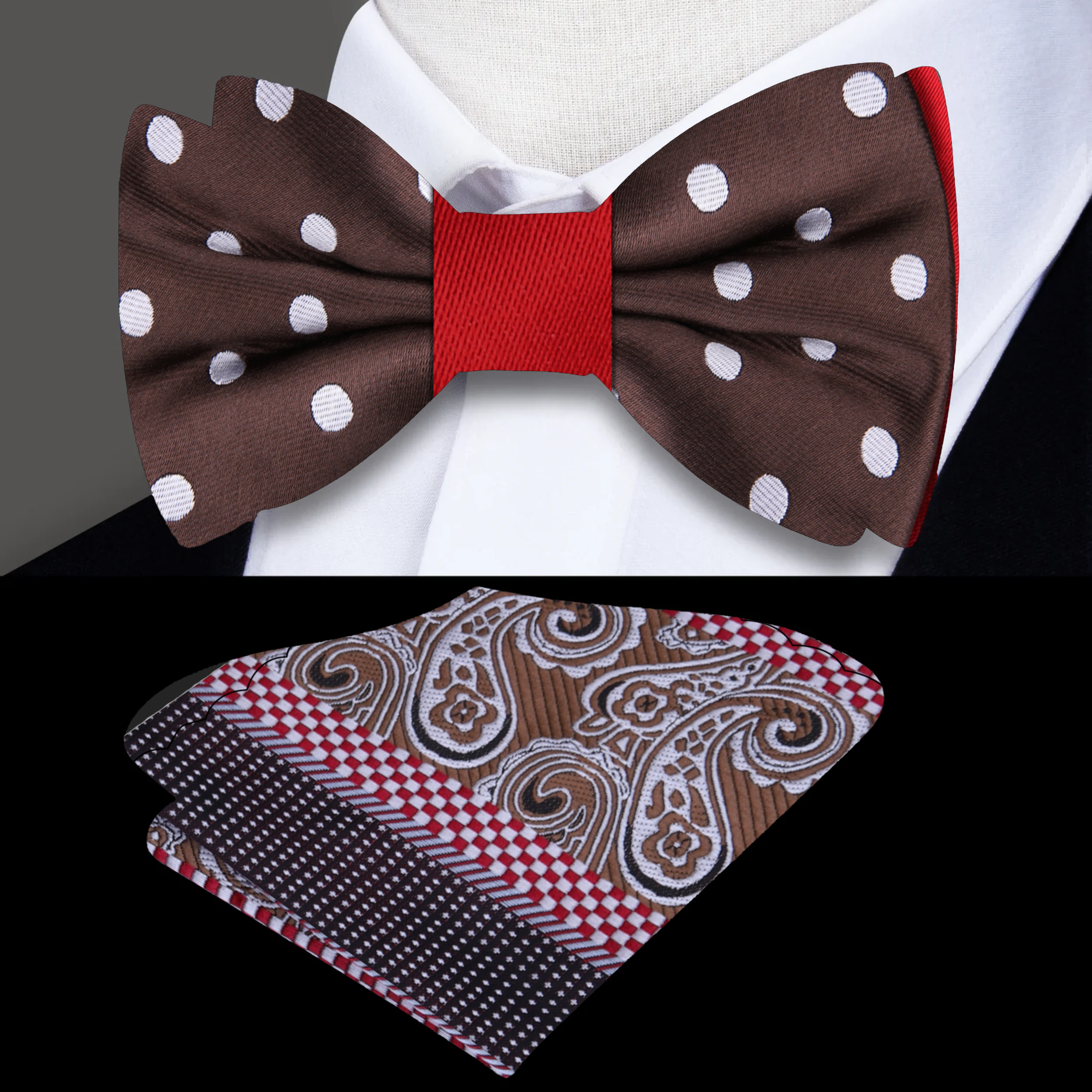 Gryndale polka dot bow tie in brown, white, and red for weddings and formal wear