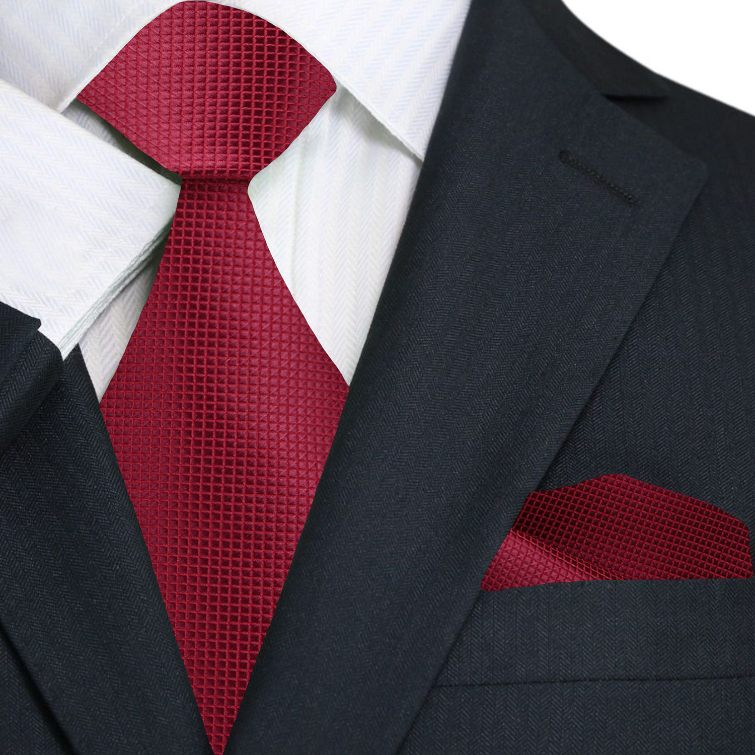 A man wearing a white dress shirt and solid red silk tie for a business or wedding event