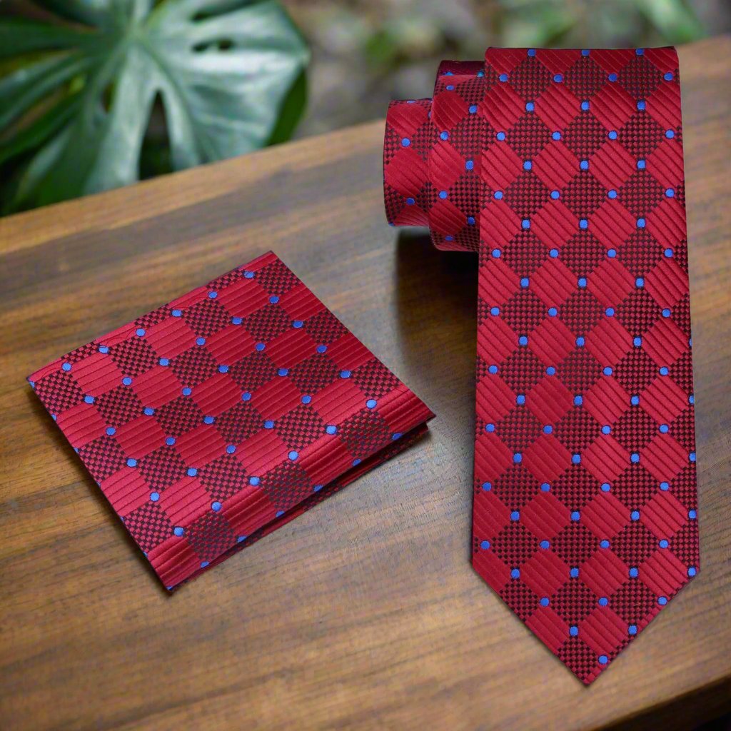Close-up of the fabric texture and geometric pattern on the silk necktie