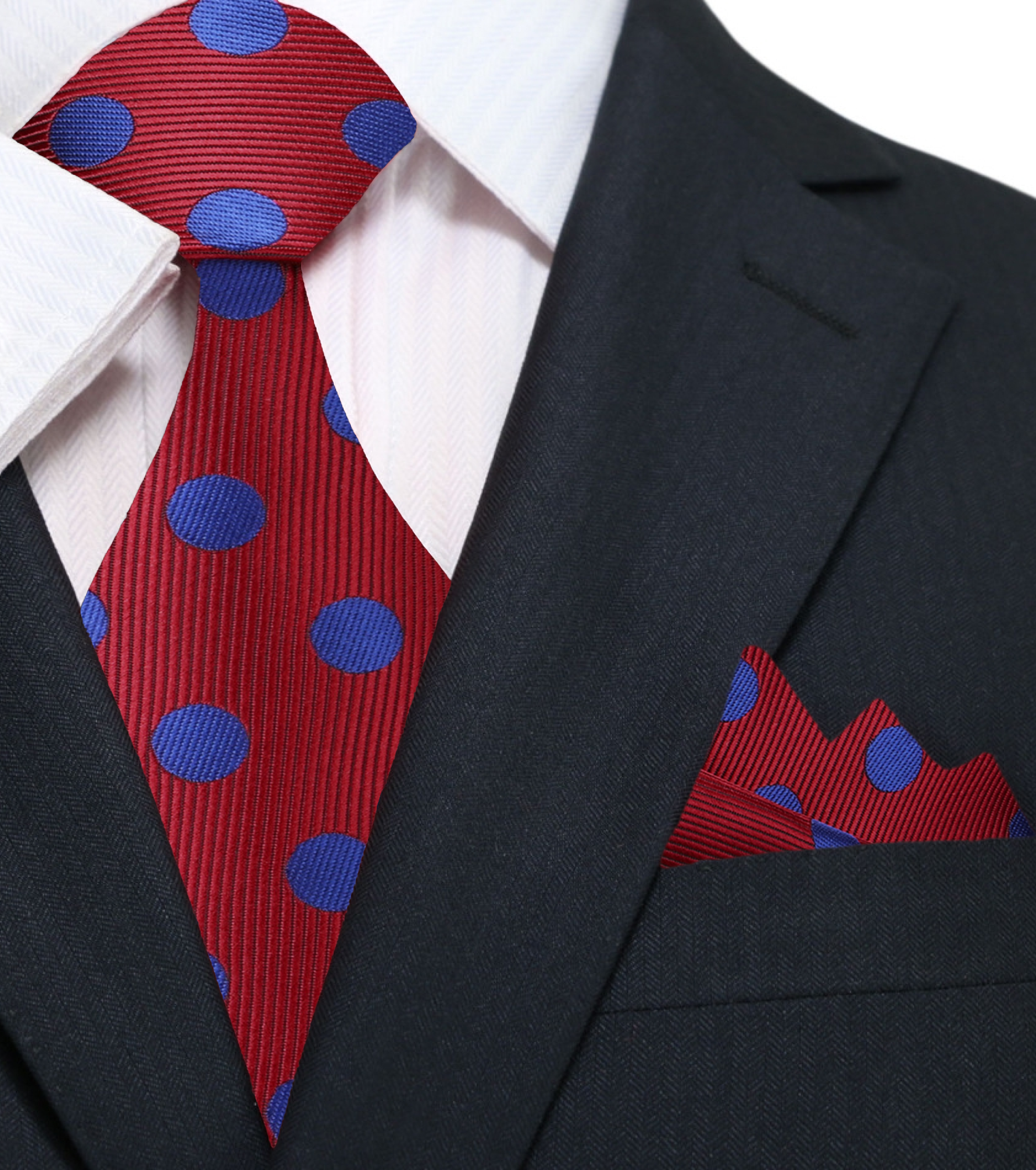 Close-up of a chic polka dot silk tie in navy and grey, perfect for weddings.