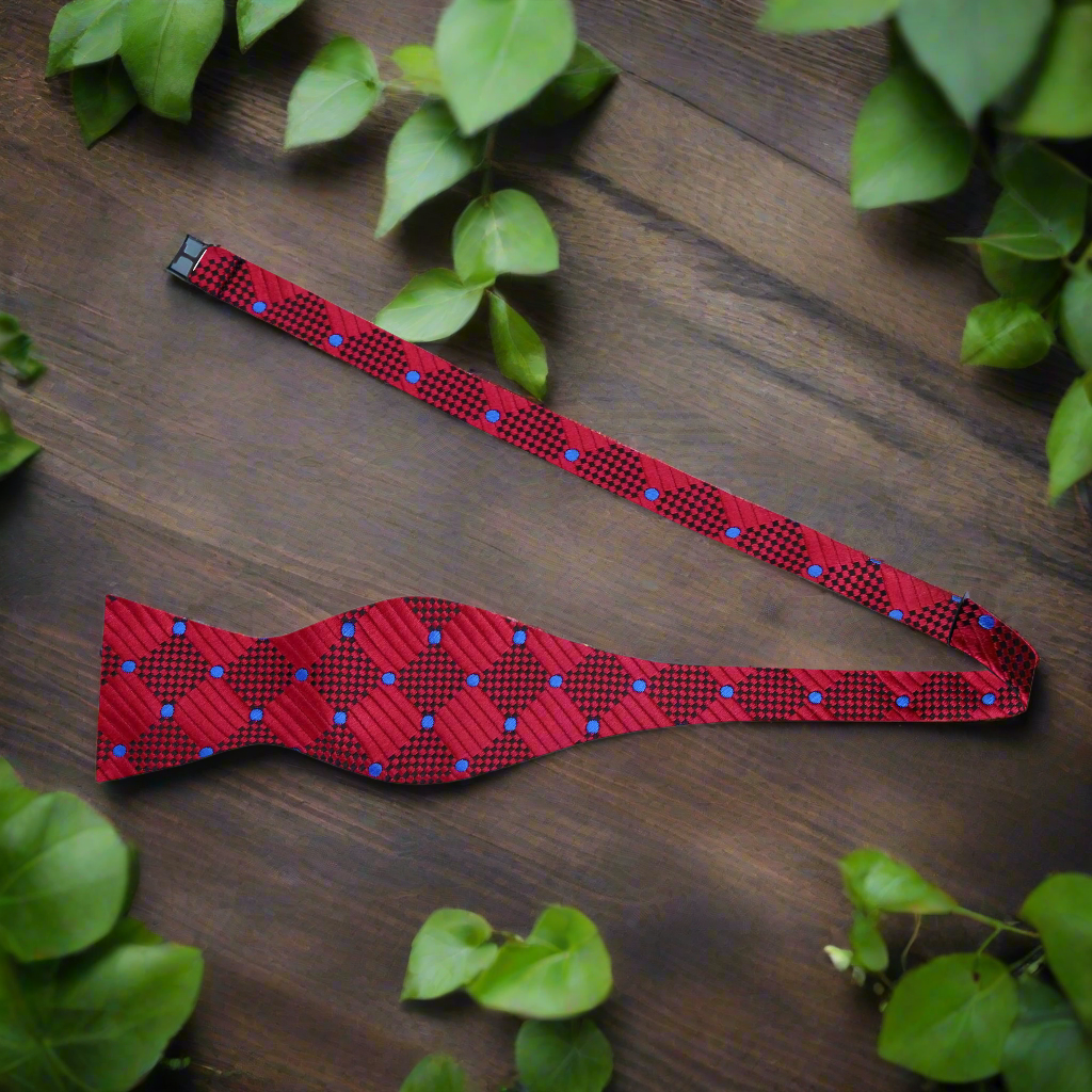 Styled shot of a geometric bow tie paired with a classic white dress shirt for upscale occasions