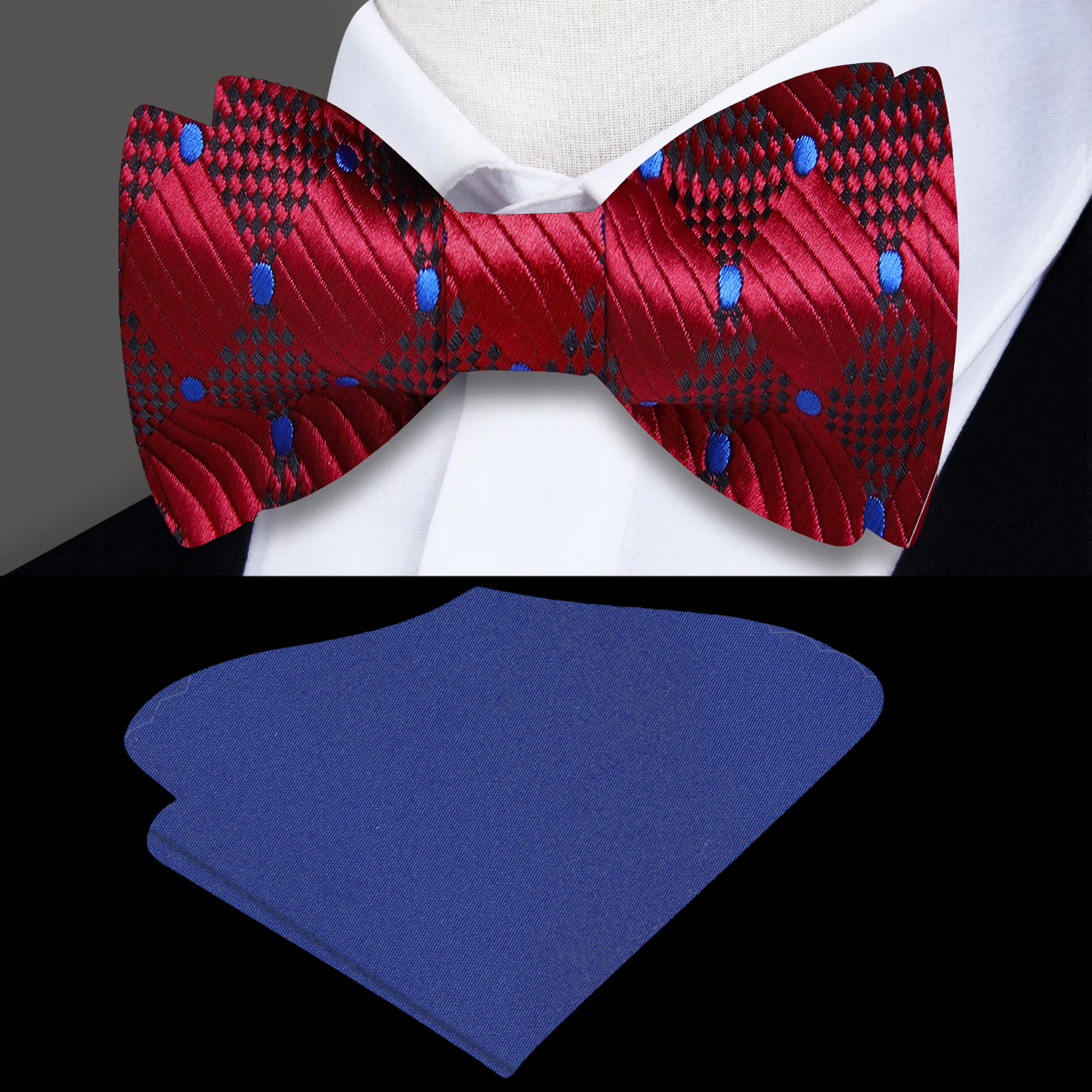 Close-up of deep burgundy and blue geometric pattern bow tie, perfect for black tie events