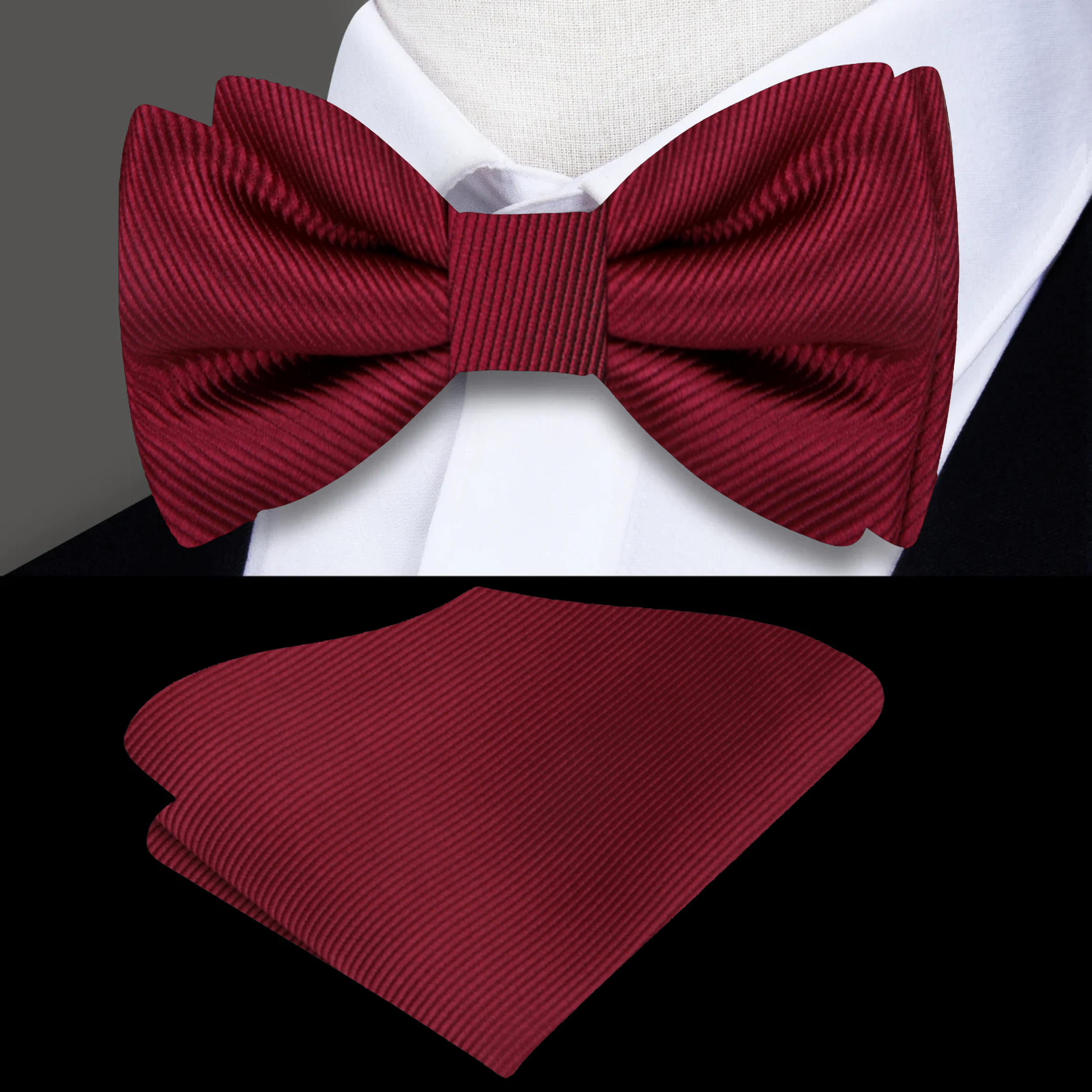 Elegant burgundy solid color bow tie paired with a crisp white shirt.