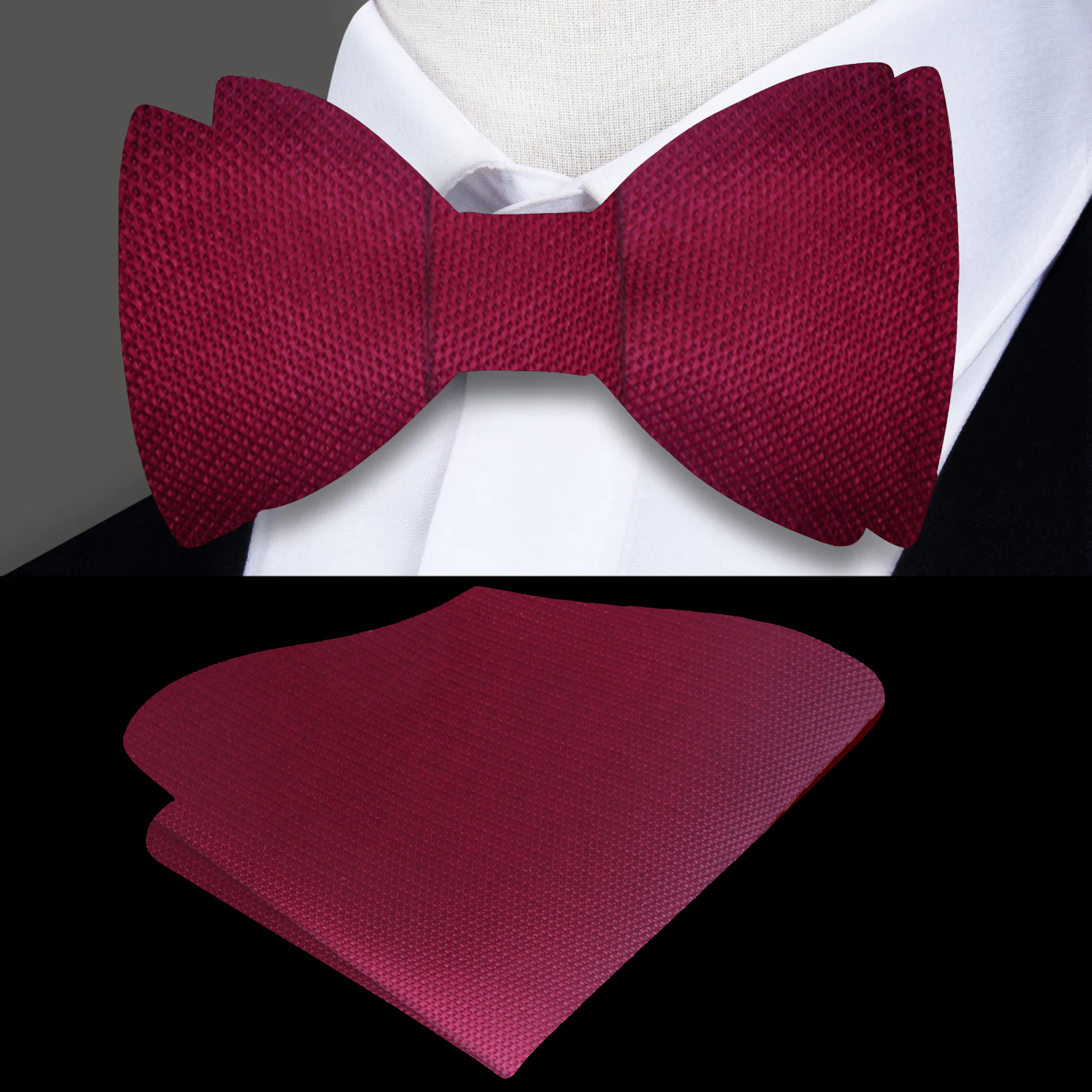Solid red self-tie bow tie displayed on a crisp white shirt, perfect for weddings.