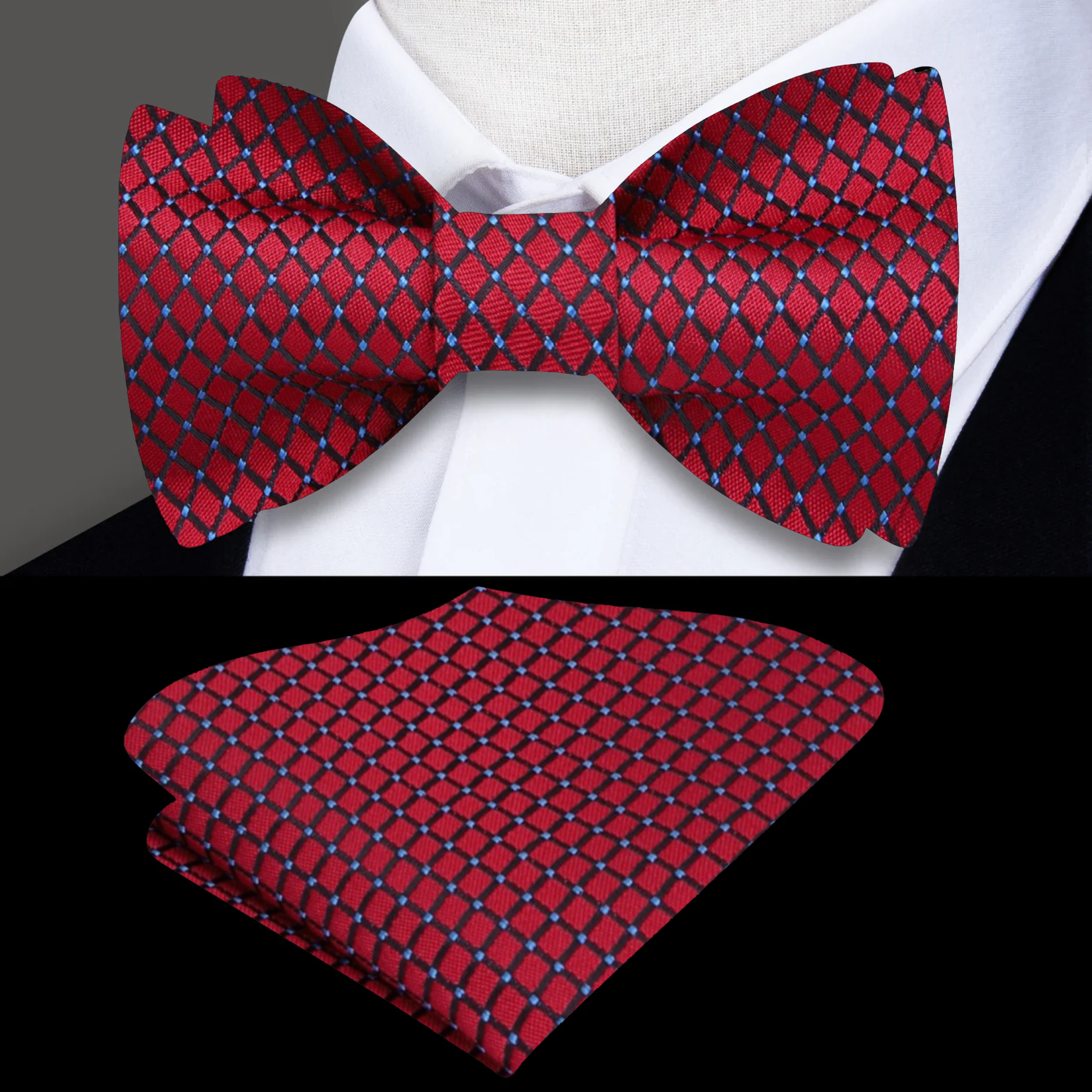 Elegant silk bow tie with small check pattern in gold and blue dots, ideal for weddings
