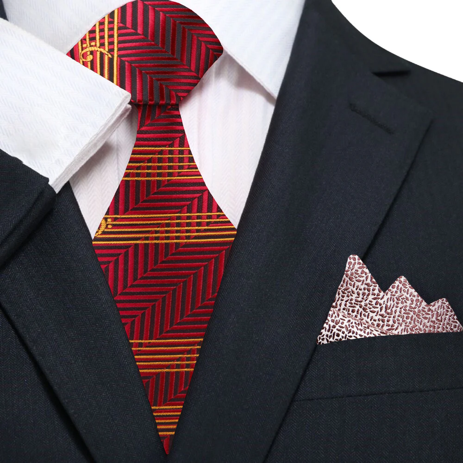 Man wearing a customizable silk music print tie with a matching pocket square for a sophisticated look