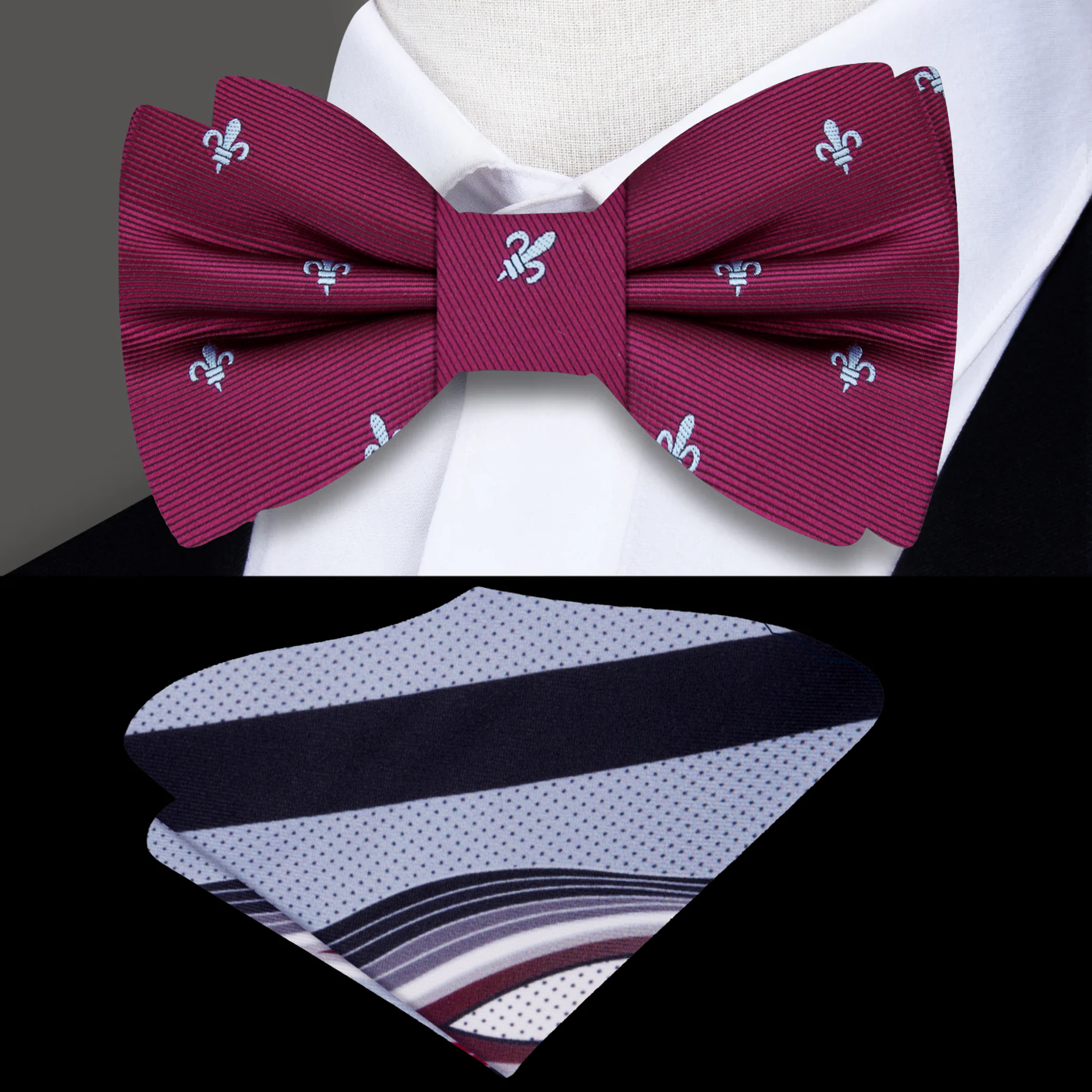 Elegant silk bow tie with fleur de lis pattern on a white dress shirt