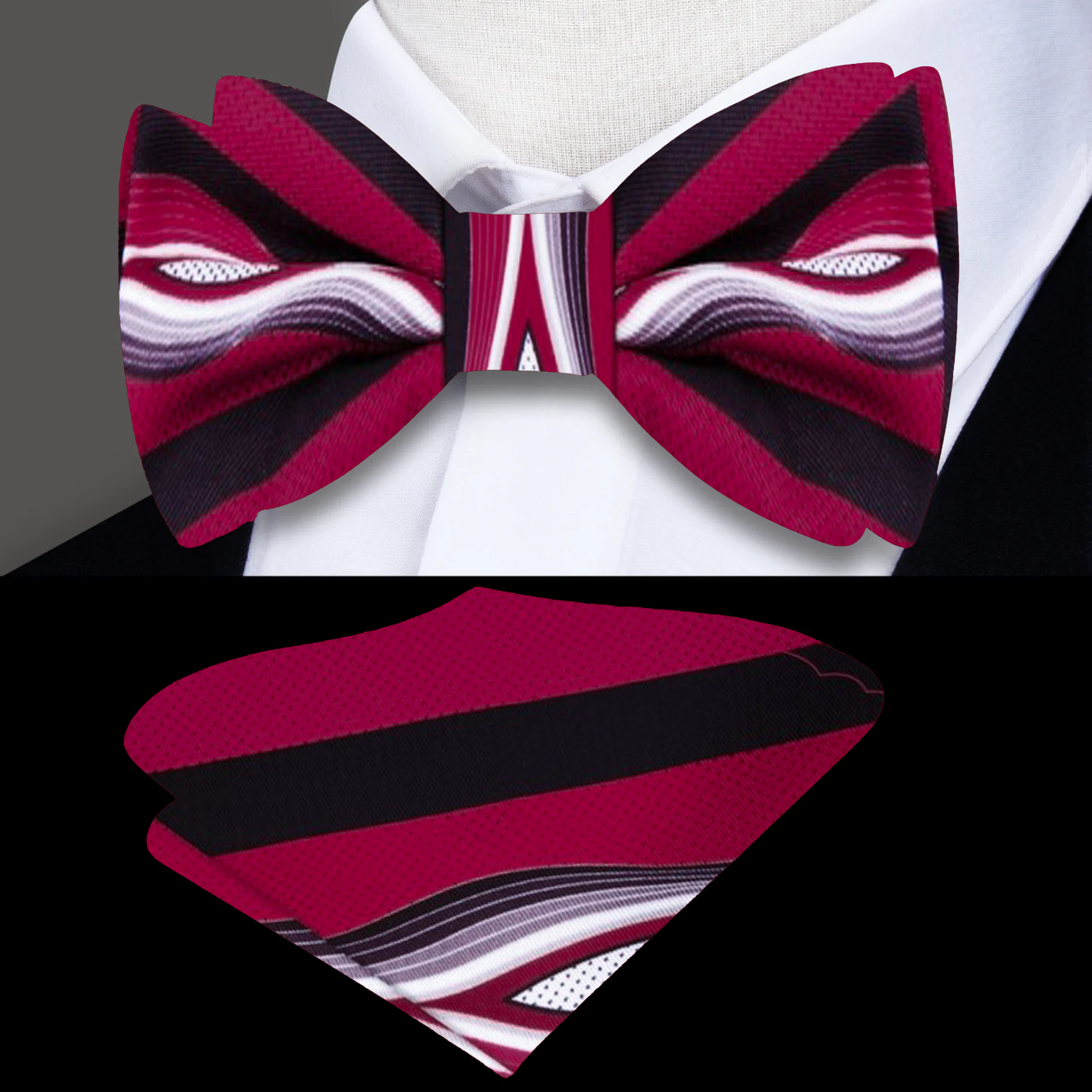 Elegant Abstract Silk Bow Tie displayed on a crisp white shirt, showcasing its unique design.