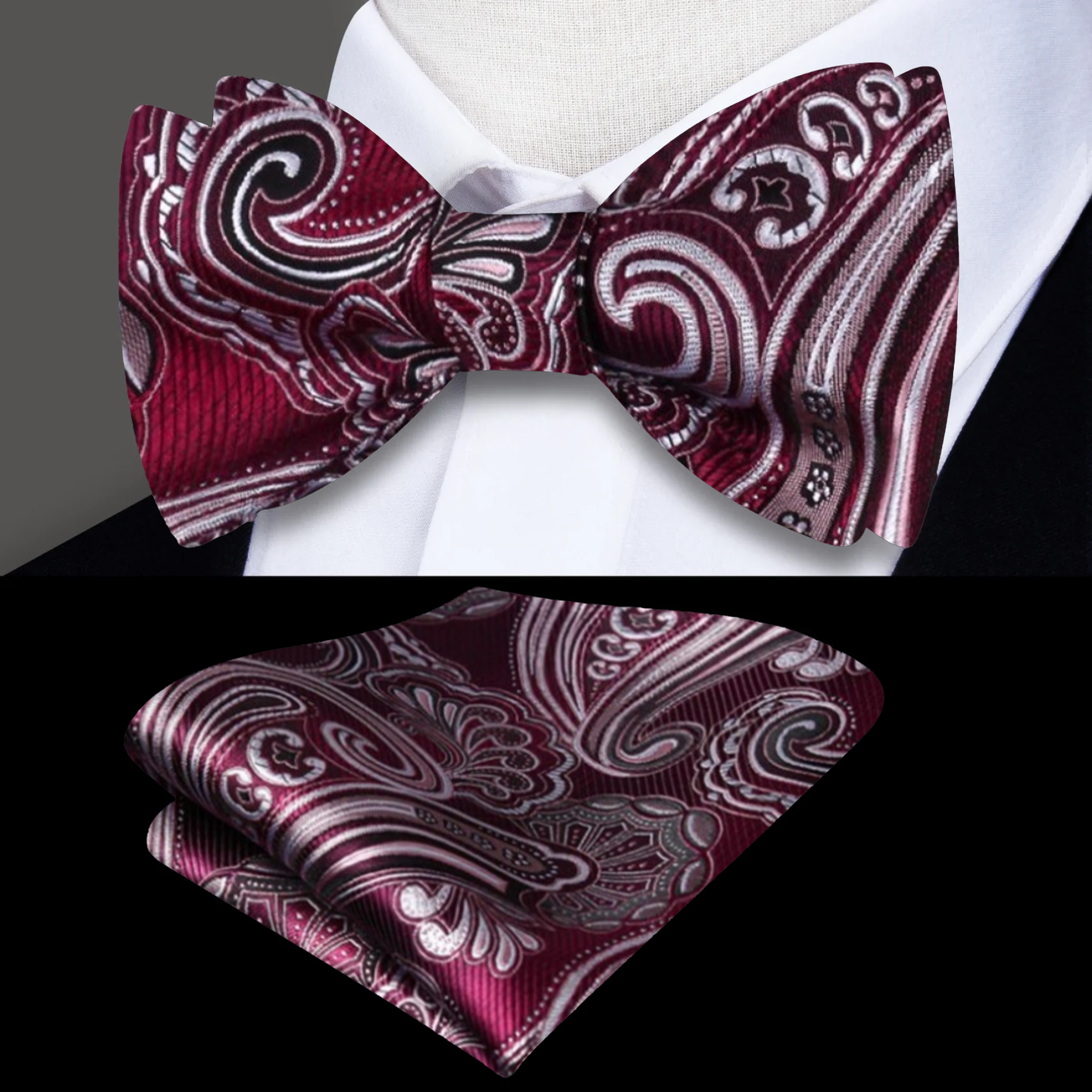 Close-up of luxurious paisley silk self-tie bow tie for men