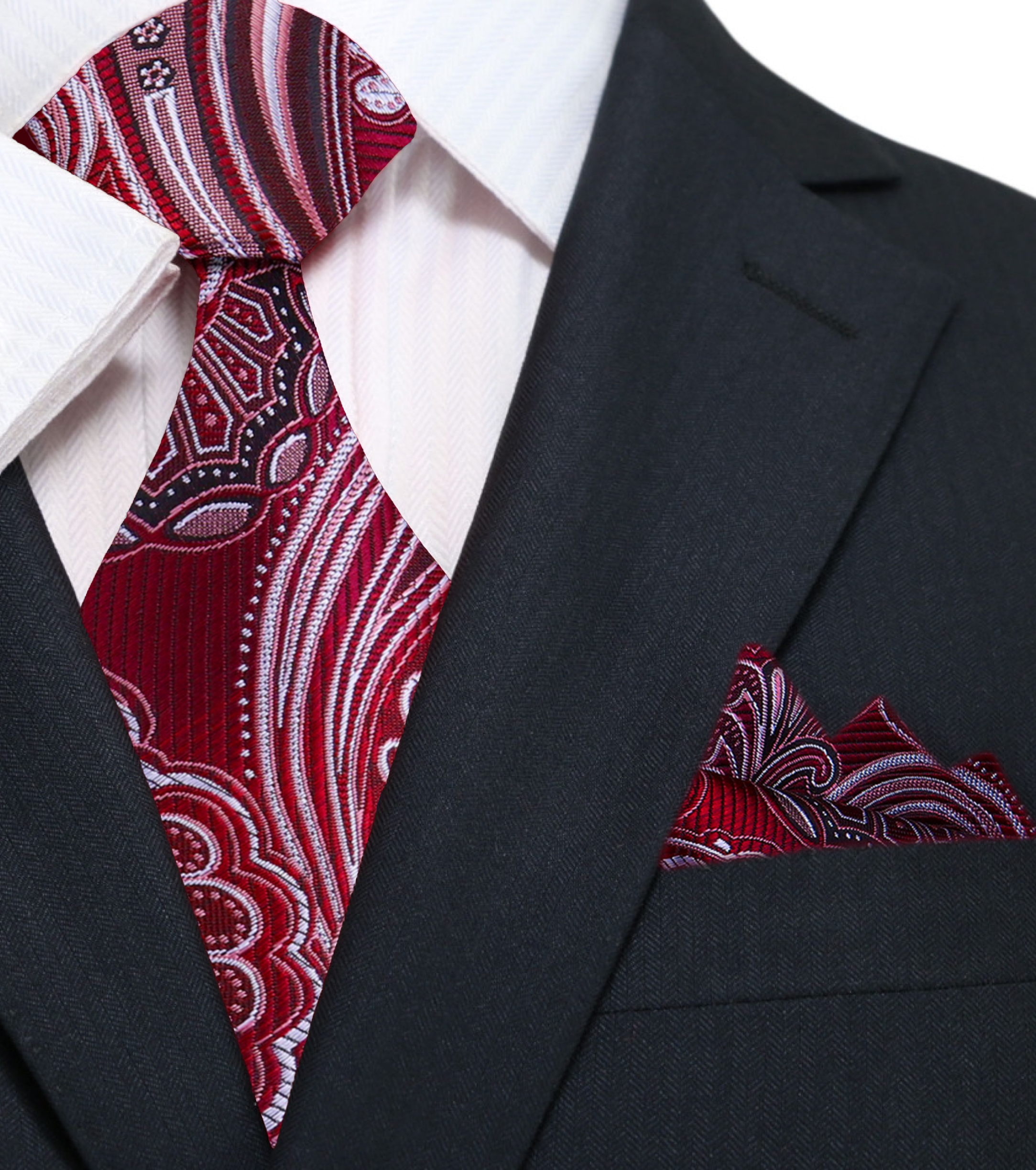 Close-up of burgundy paisley silk necktie highlighting its luxurious fabric and detailed design.