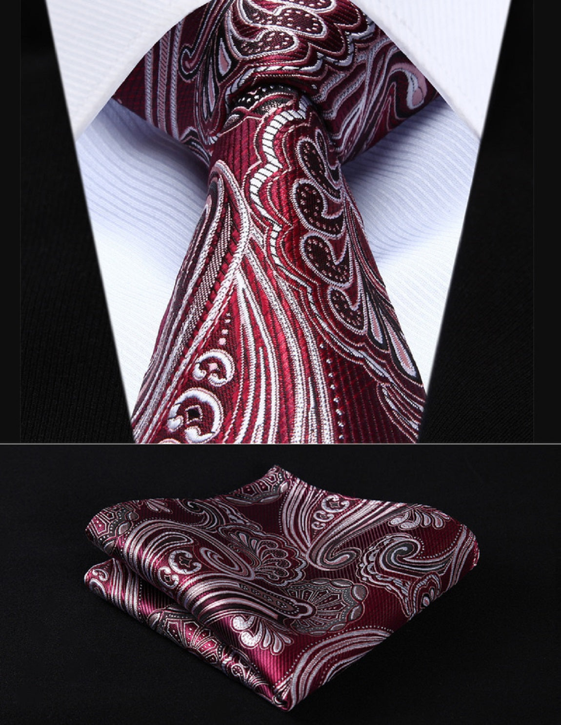 Burgundy paisley silk necktie paired with a matching pocket square, accentuating formal attire.