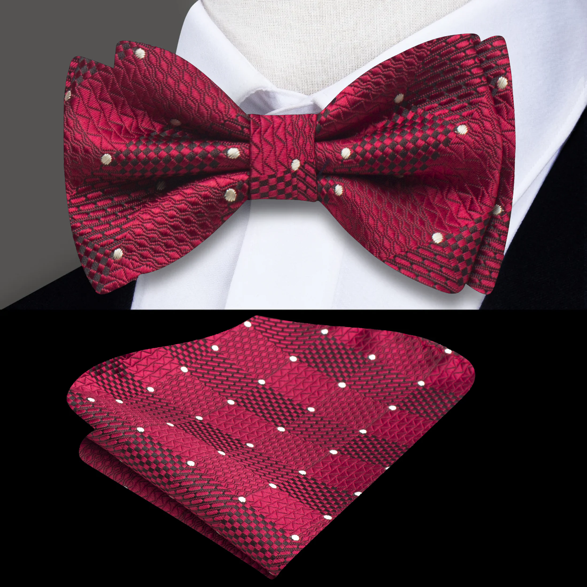 Front view of Rothschild geometric silk bow tie in burgundy with bold pattern