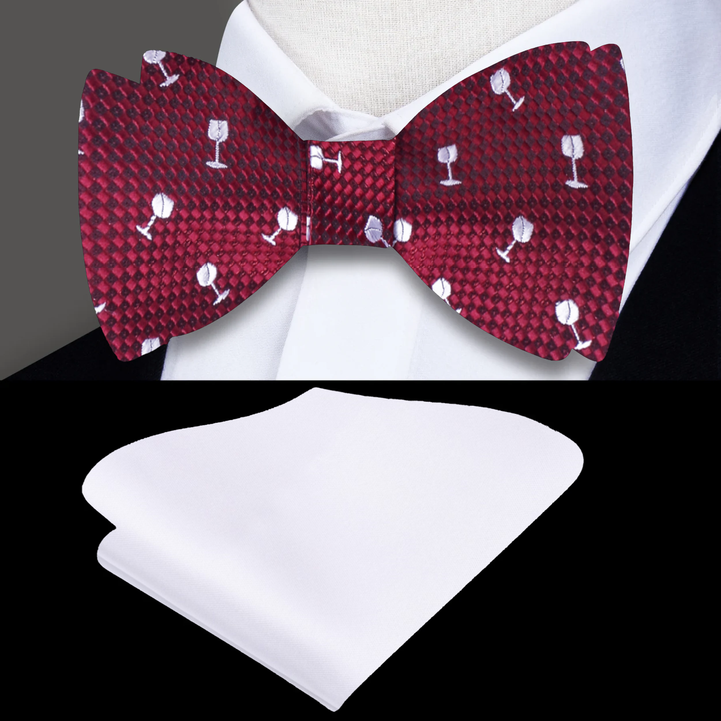 Close-up of wine glass pattern on burgundy silk bow tie for men