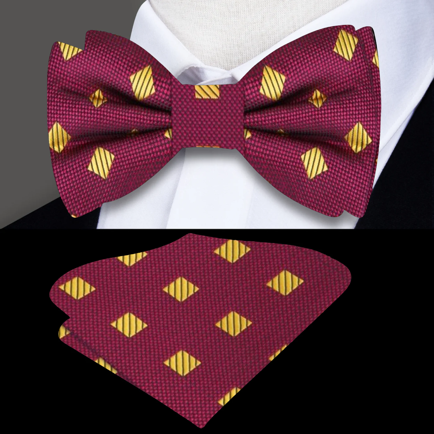 Front view of light blue and peach diamond geometric bow tie, perfect for formal occasions