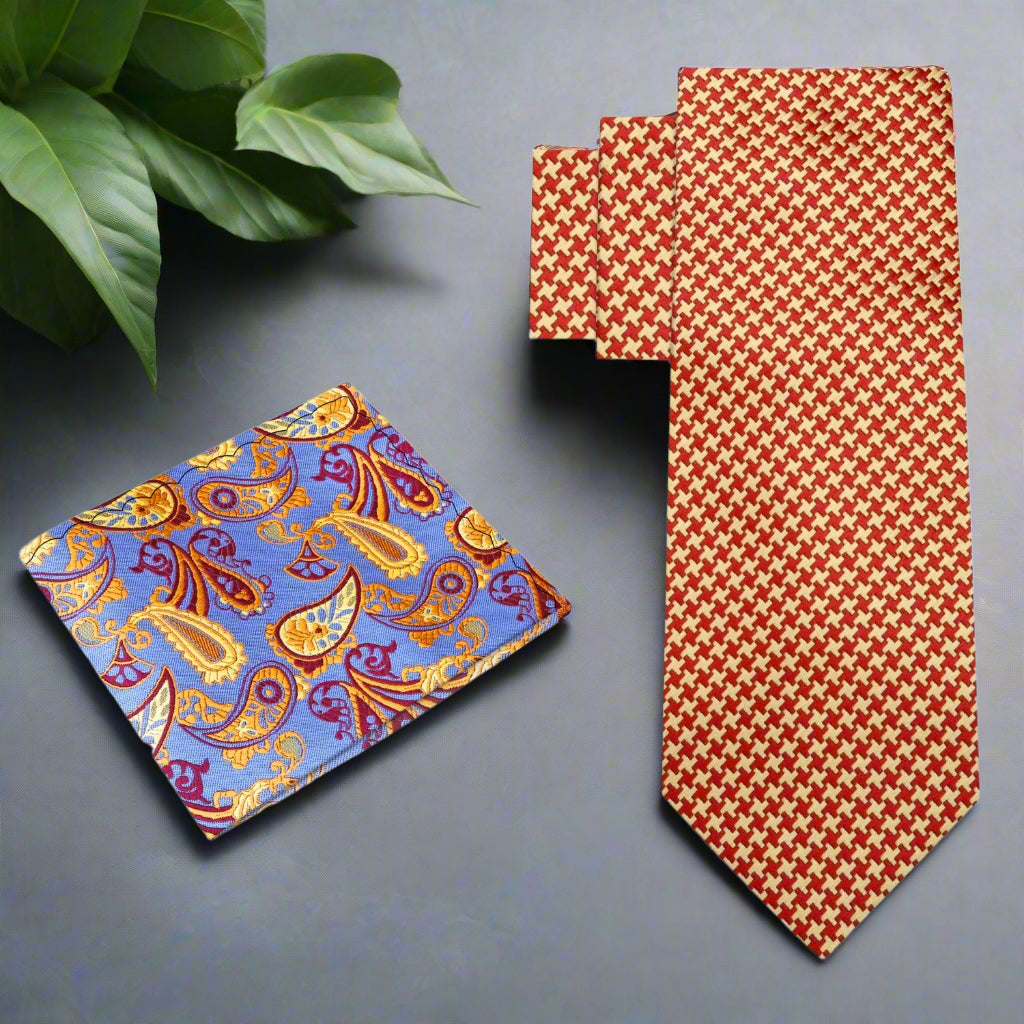 Close-up of the geometric design on a luxury silk necktie