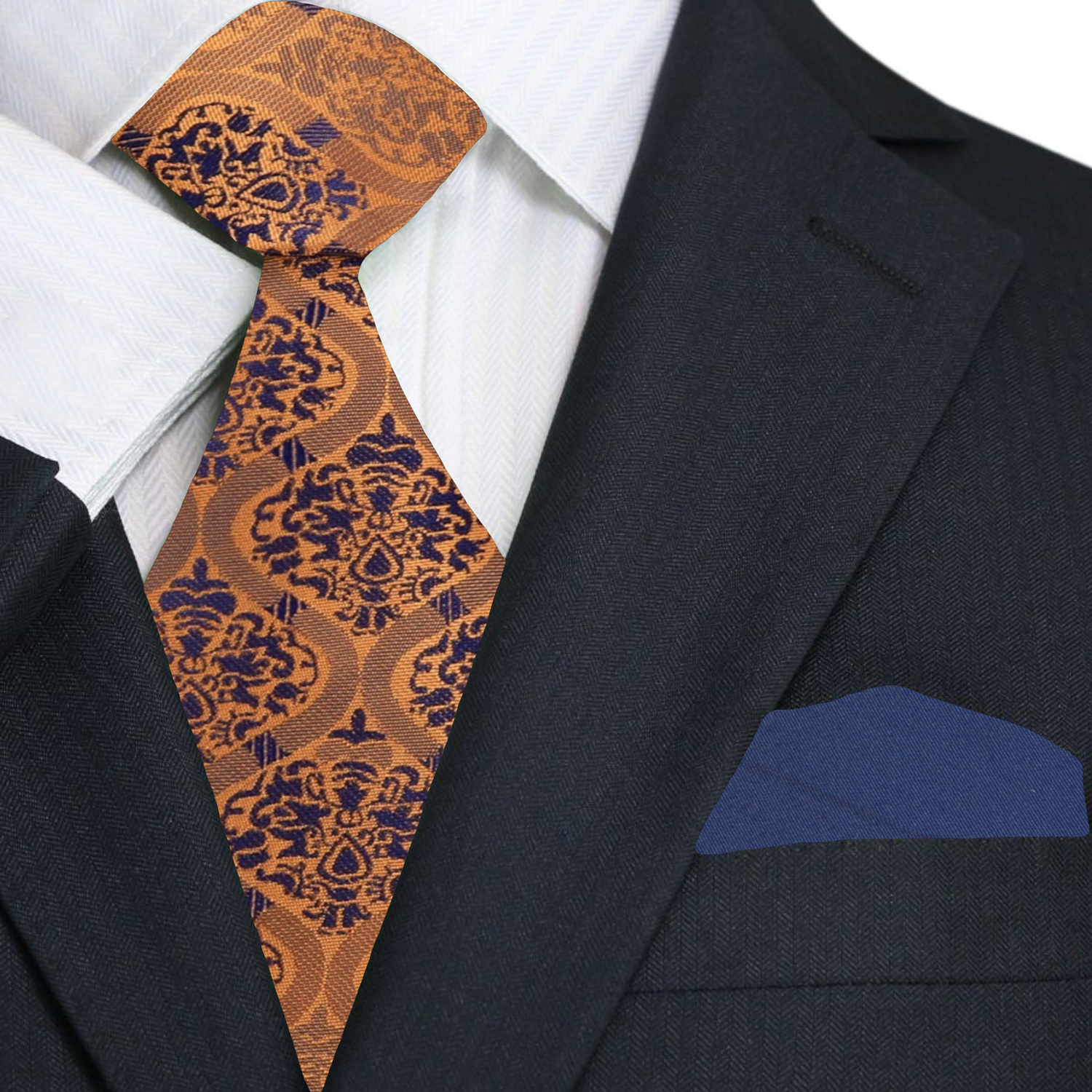 Model wearing the Abstract Copper and Blue Silk Tie paired with a charcoal gray suit and white dress shirt.