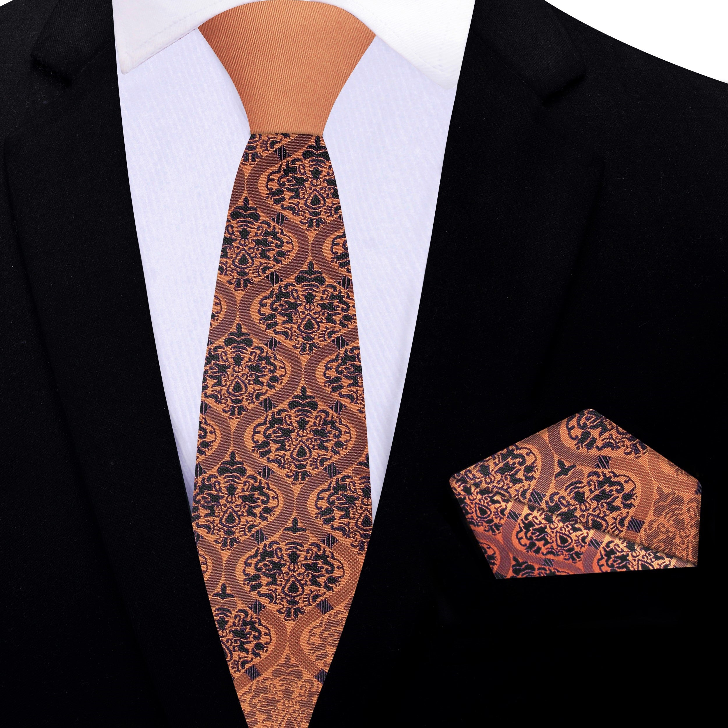 The matching copper and blue pocket square alongside the Abstract Copper and Blue Silk Tie, highlighting its elegant design.