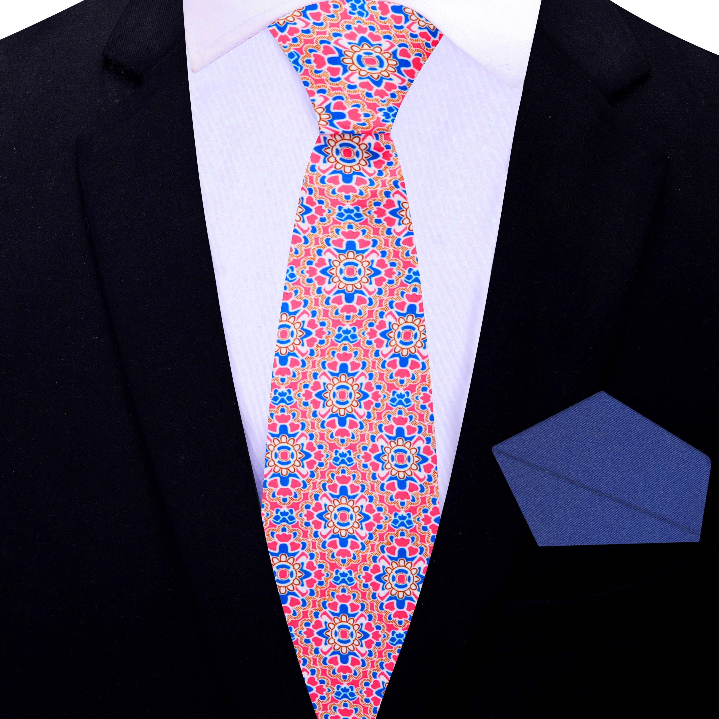 Elegant Mosaic Necktie displayed on a wooden table with a crisp white dress shirt and cufflinks.