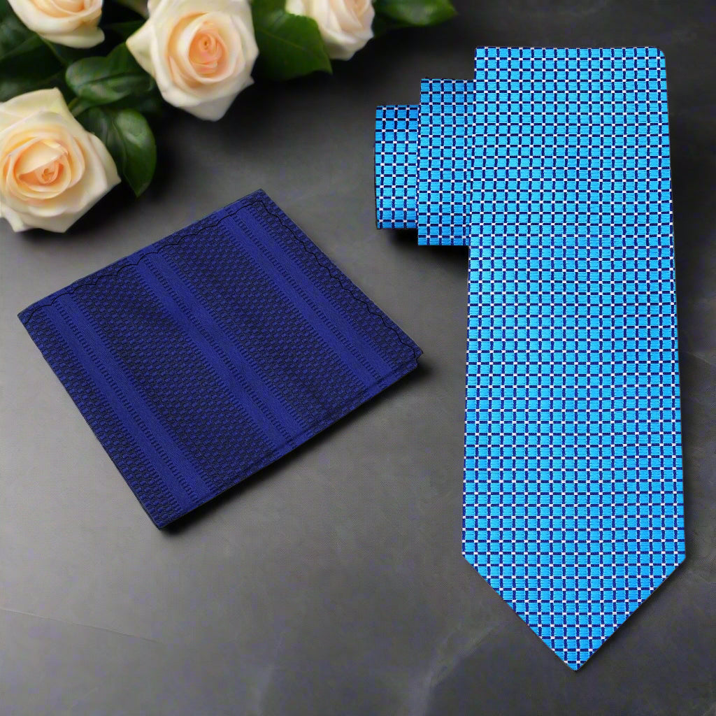 Close-up view of Capri Blue silk tie showcasing its check texture and vibrant color