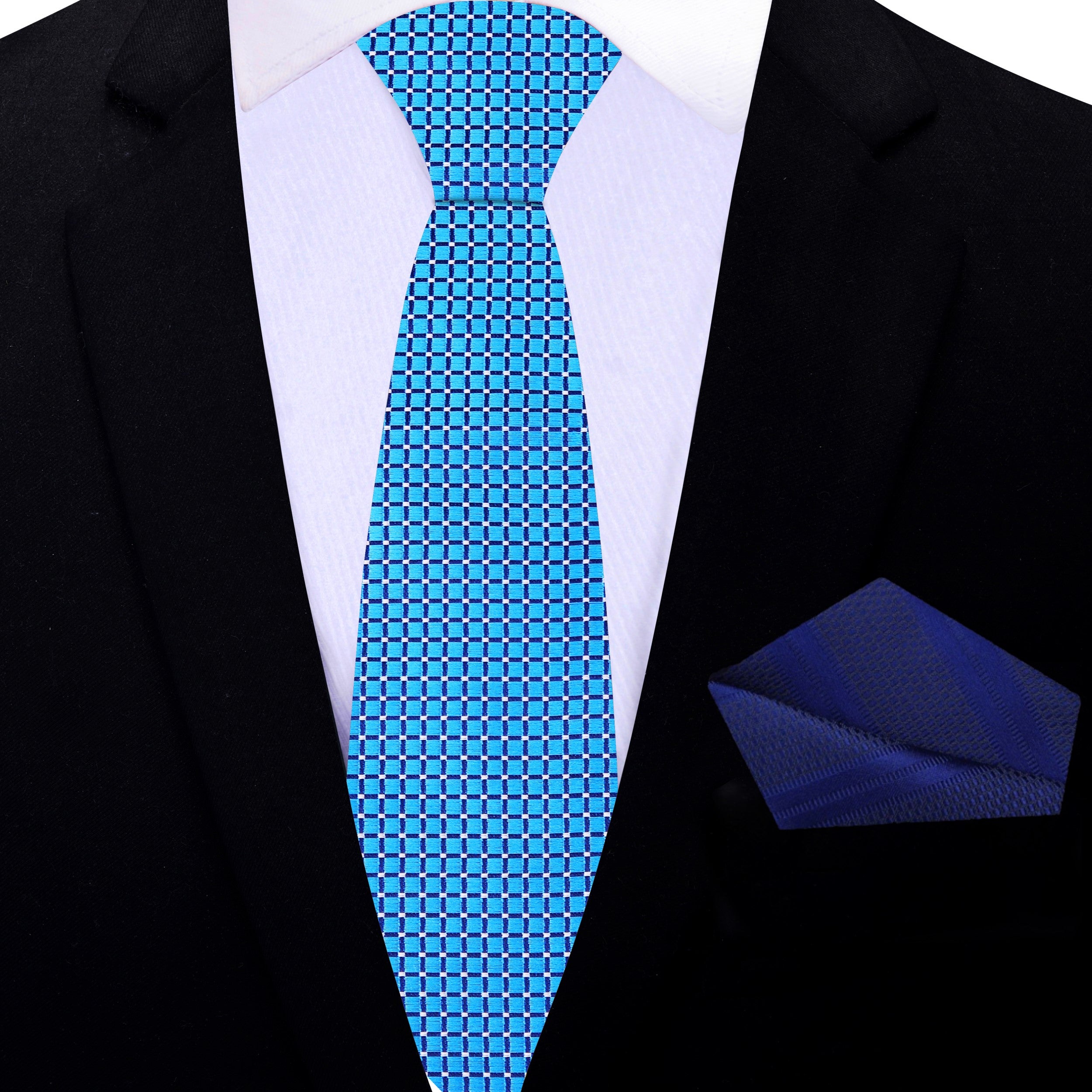Elegant mens necktie in Capri Blue with geometric pattern for formal occasions