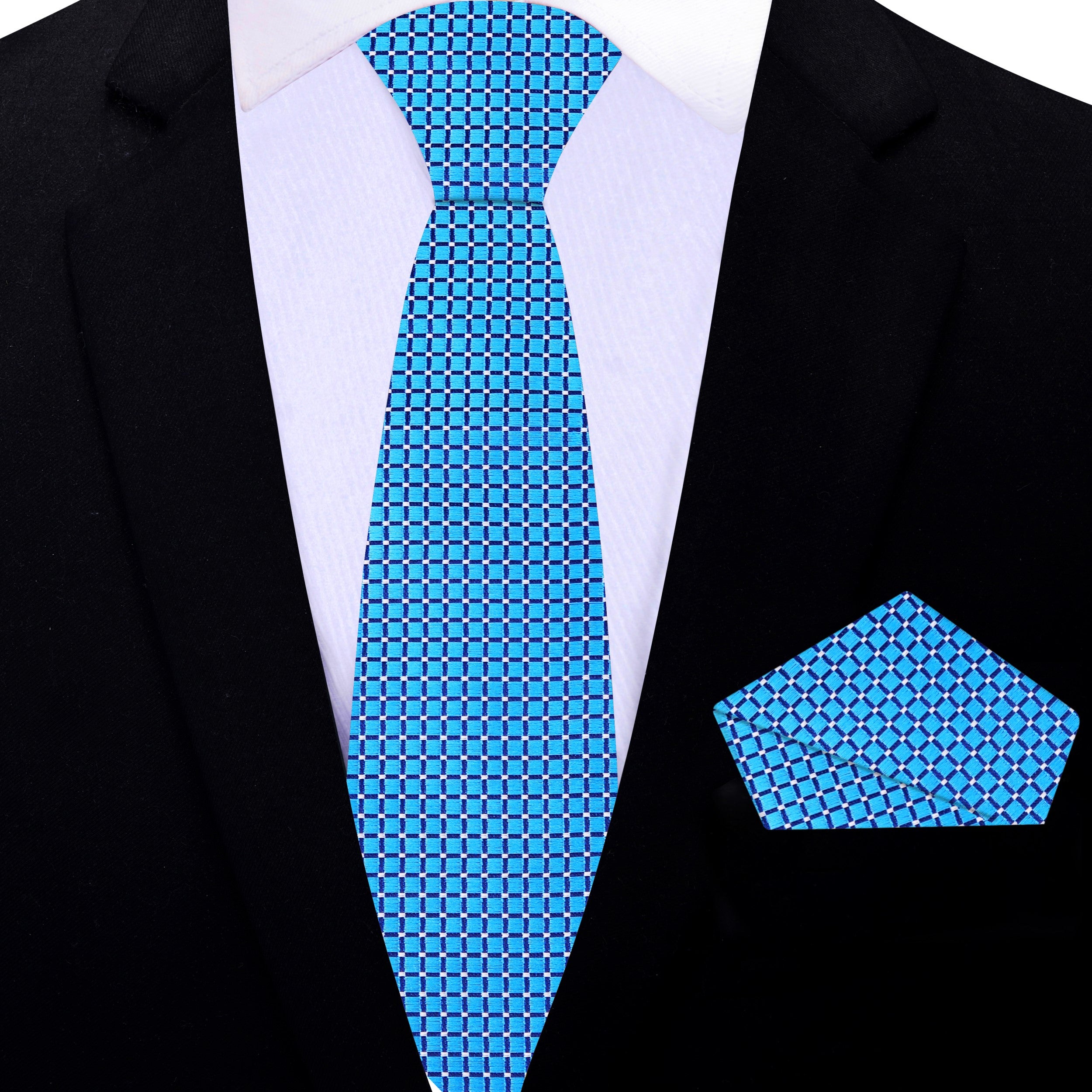 Elegant mens necktie in Capri Blue with geometric pattern for formal occasions