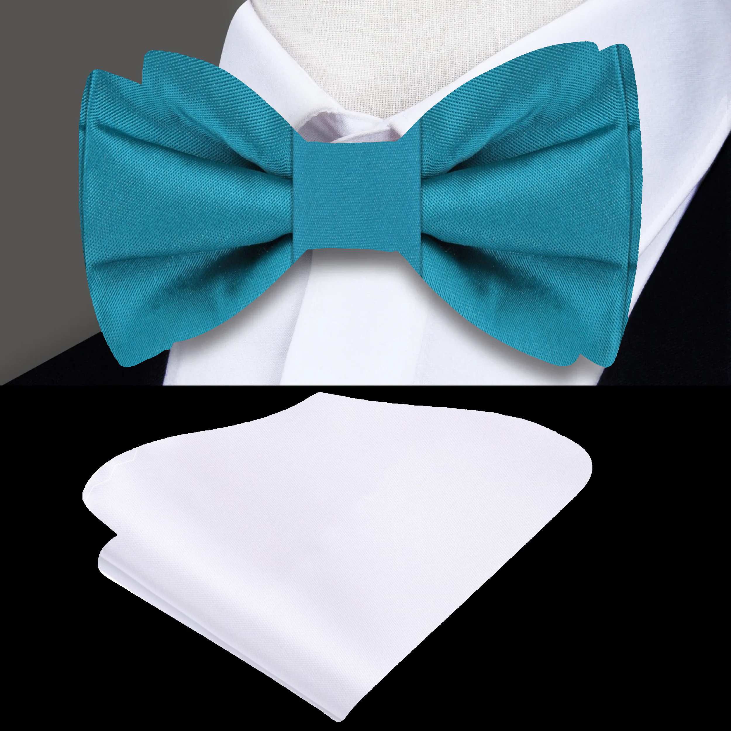 Vibrant Caribbean blue silk bow tie styled with a white dress shirt for formal events
