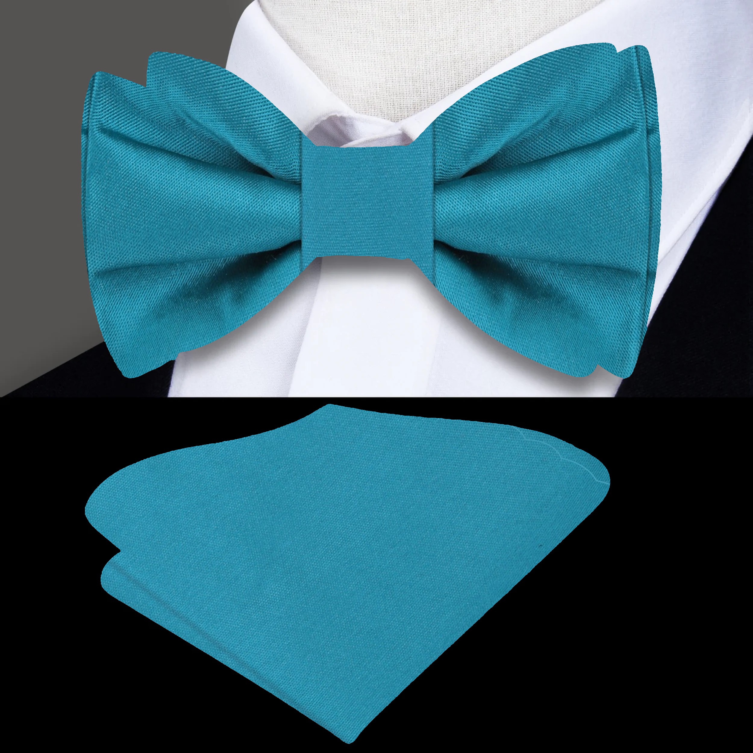 Close-up of a mens navy blue bow tie on a model, highlighting the vibrant color