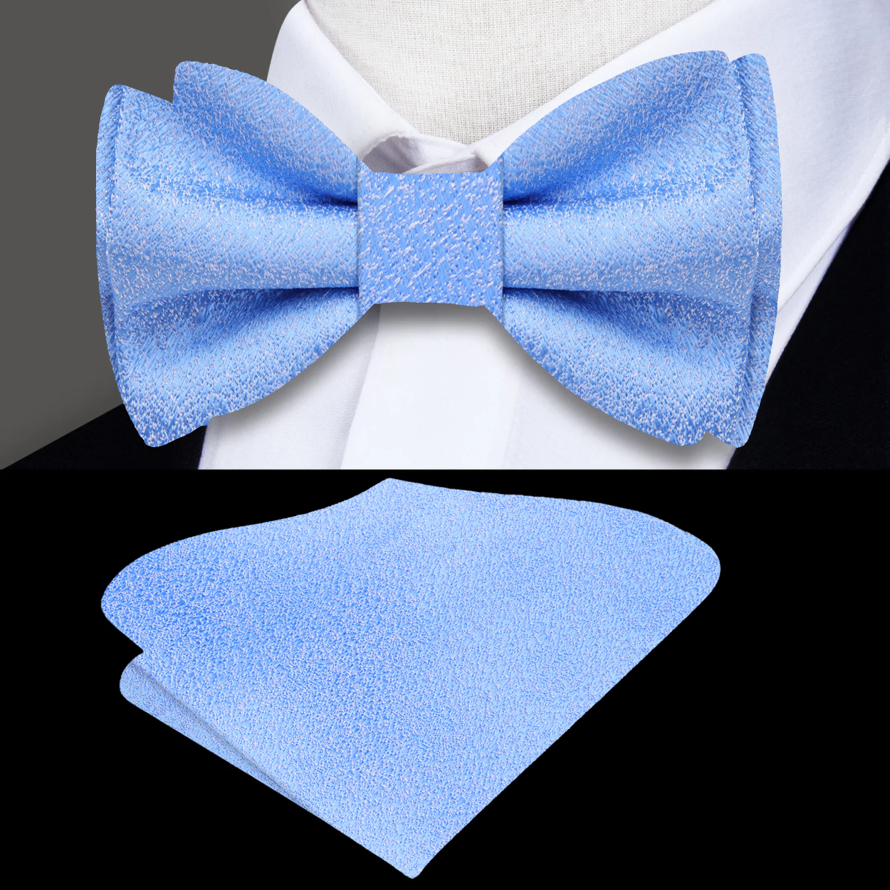 Close-up of a blue textured bow tie, showcasing the intricate design and vibrant color.
