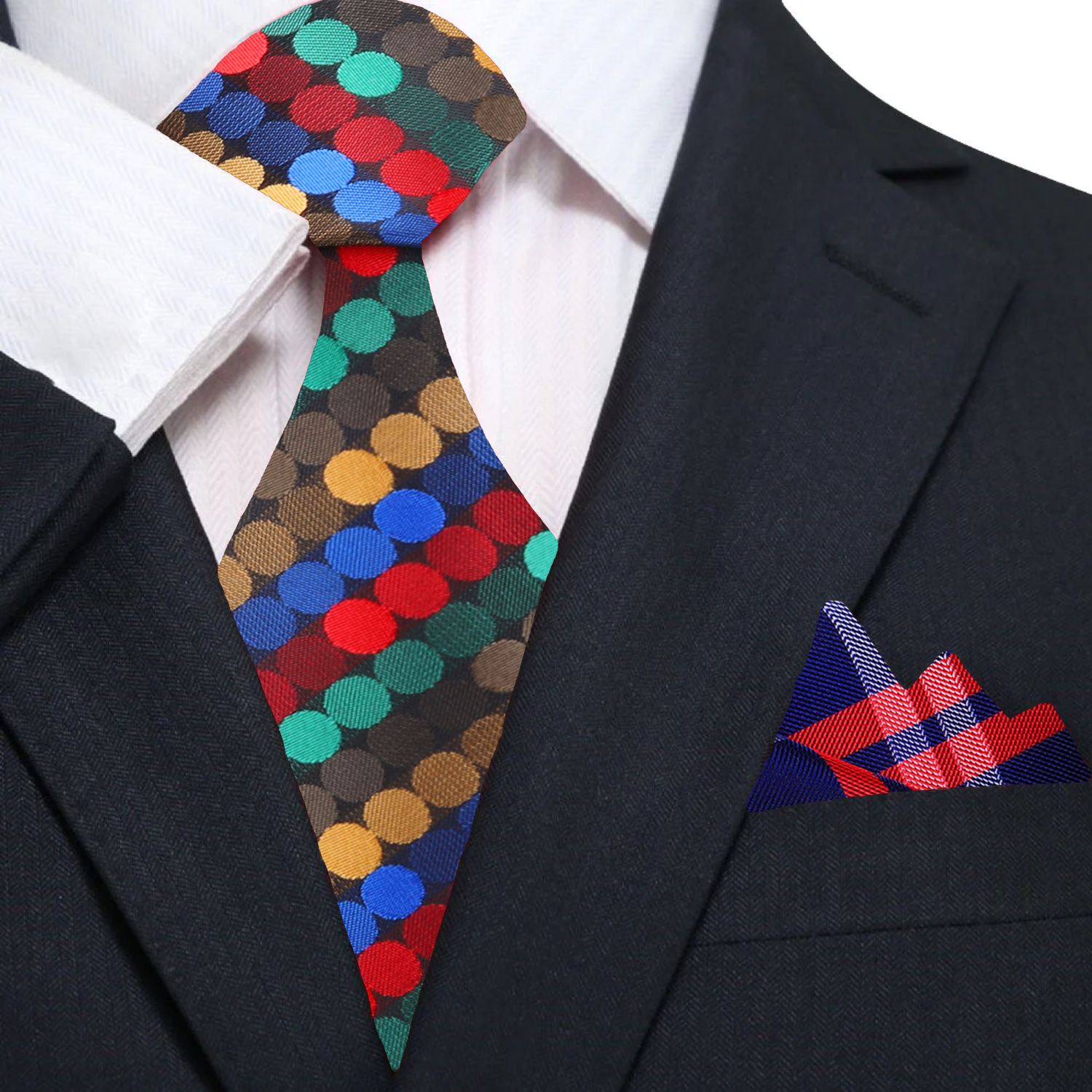 Man wearing a stylish polka dot silk tie with navy suit for a formal event
