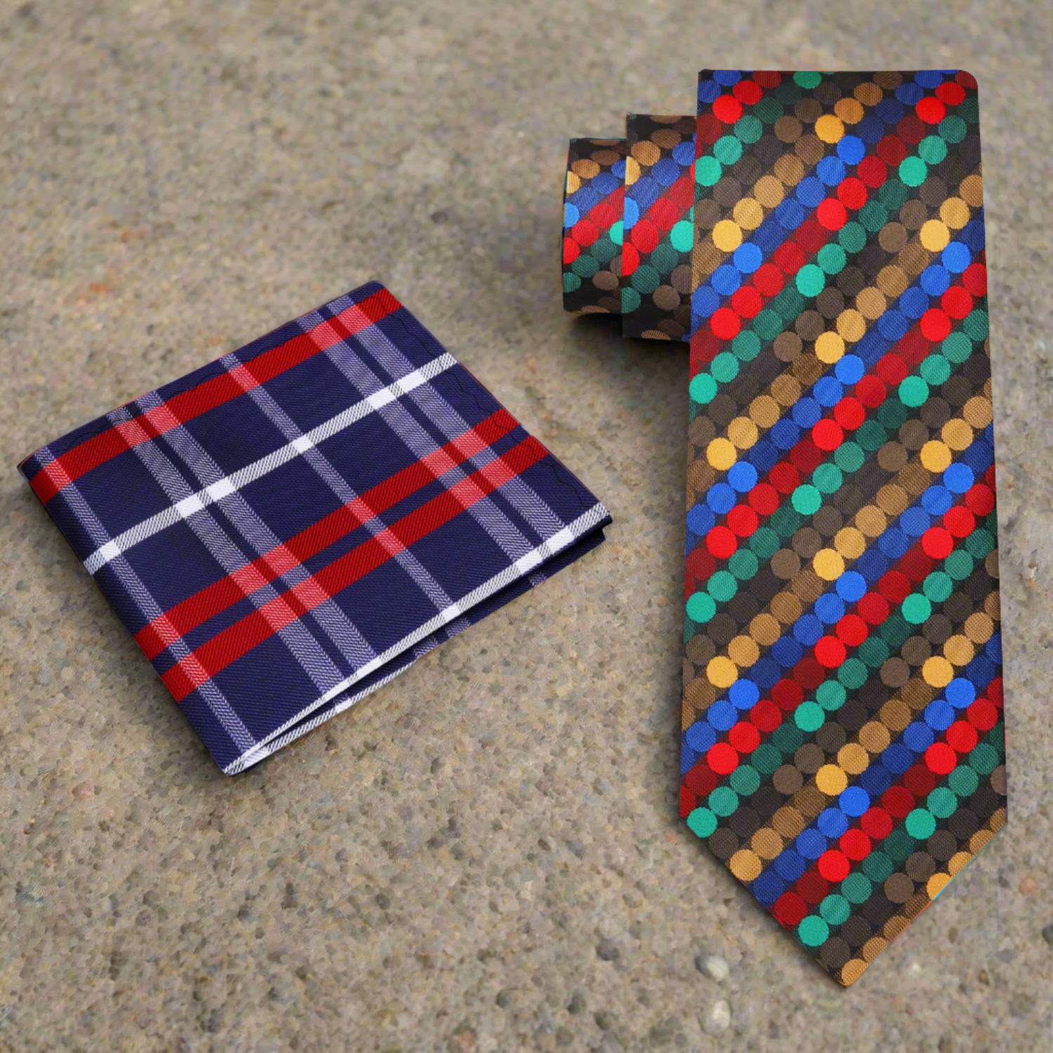 Close-up of a luxurious silk tie showcasing vibrant polka dot pattern for weddings