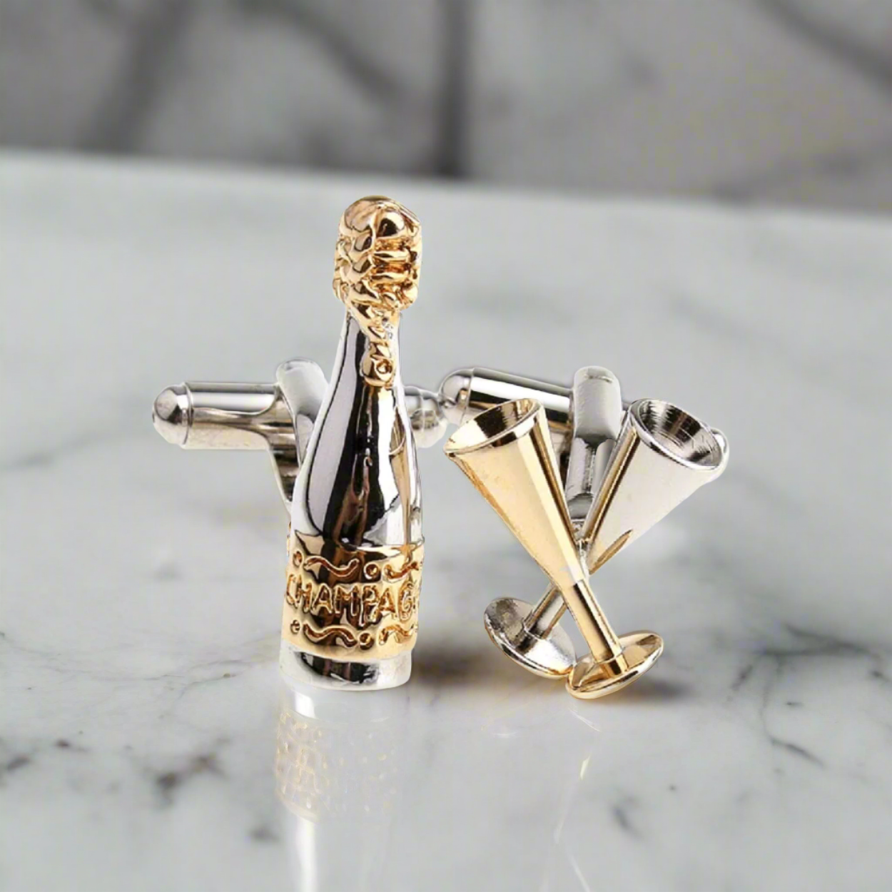 Close-up of Champagne Elegance Cufflinks on a crisp white dress shirt, highlighting their elegant design.