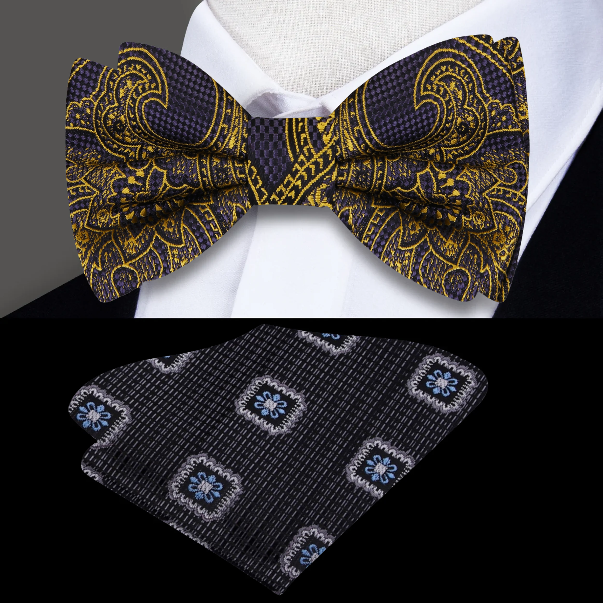 Elegant black and gold paisley bow tie displayed on a crisp white shirt, perfect for formal occasions.