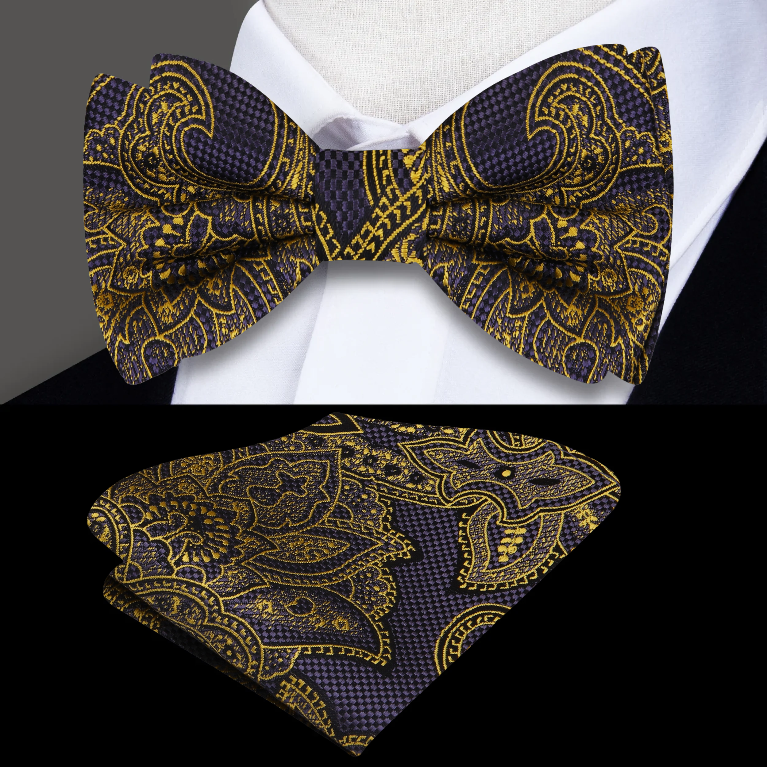 Close-up of the intricate paisley pattern on the black and gold silk bow tie, showcasing its luxurious texture.