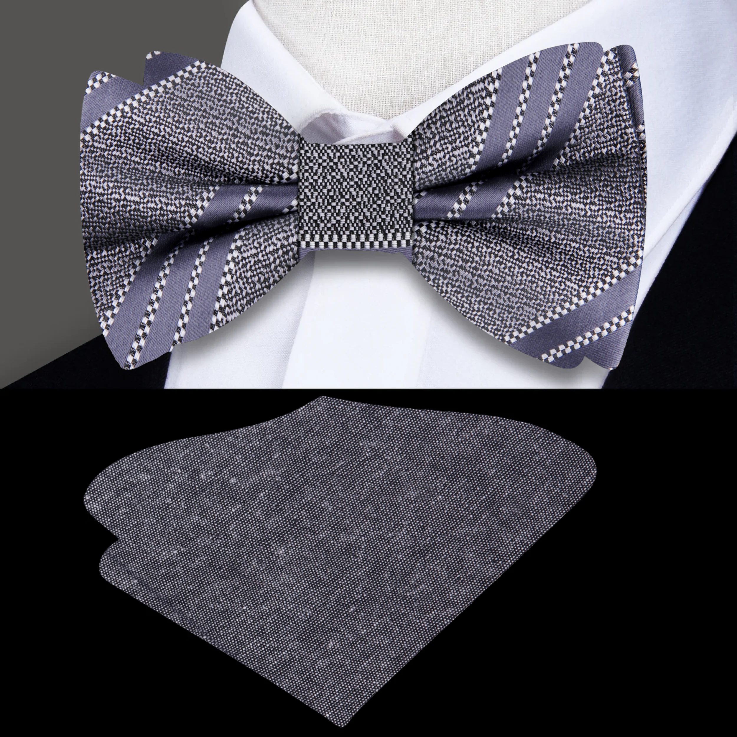 Close-up of the striped silk bow tie showing steel grey and white pattern, ideal for formal events