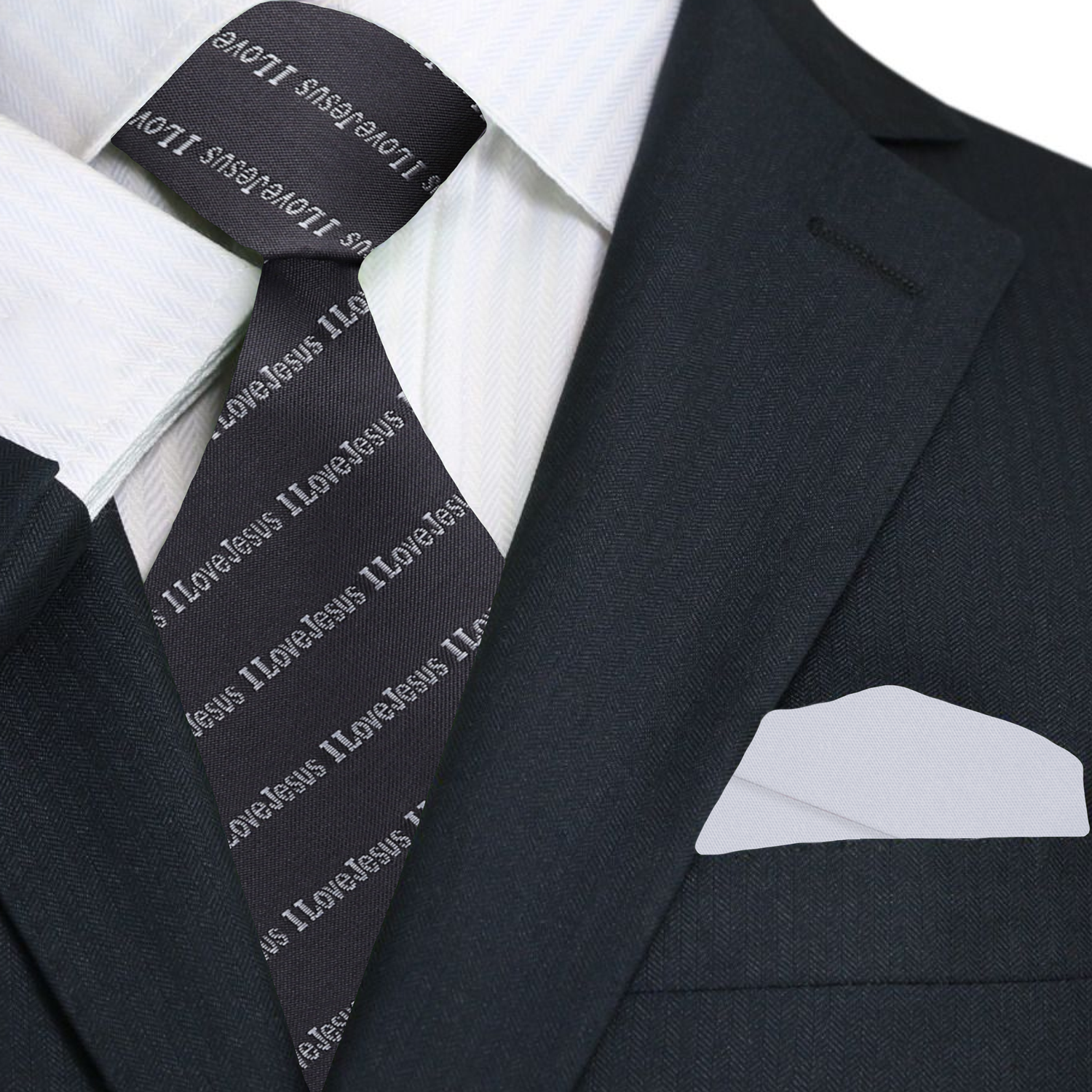 Man wearing grey necktie with Jesus message at church event