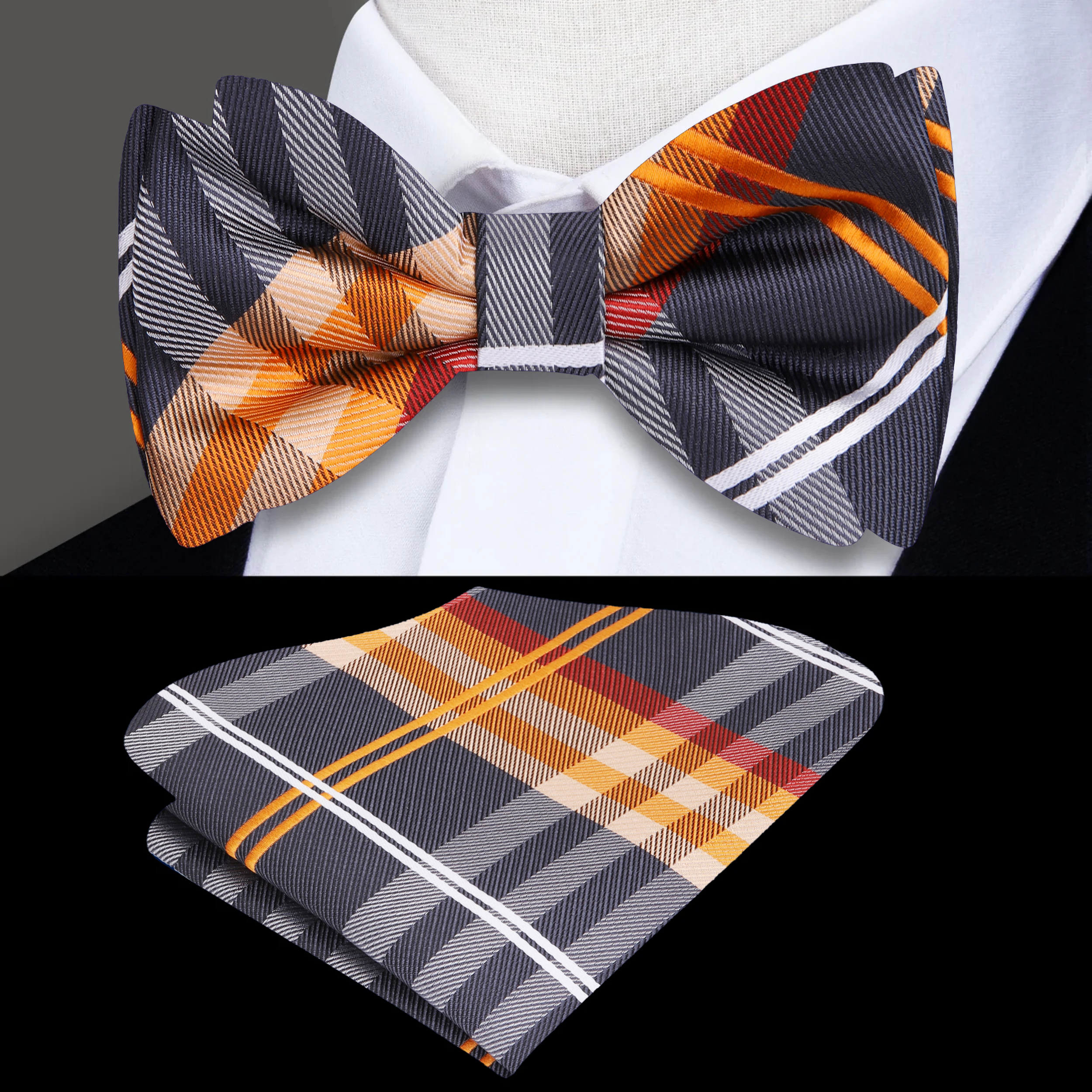 Men tying a plaid bow tie in a modern office setting