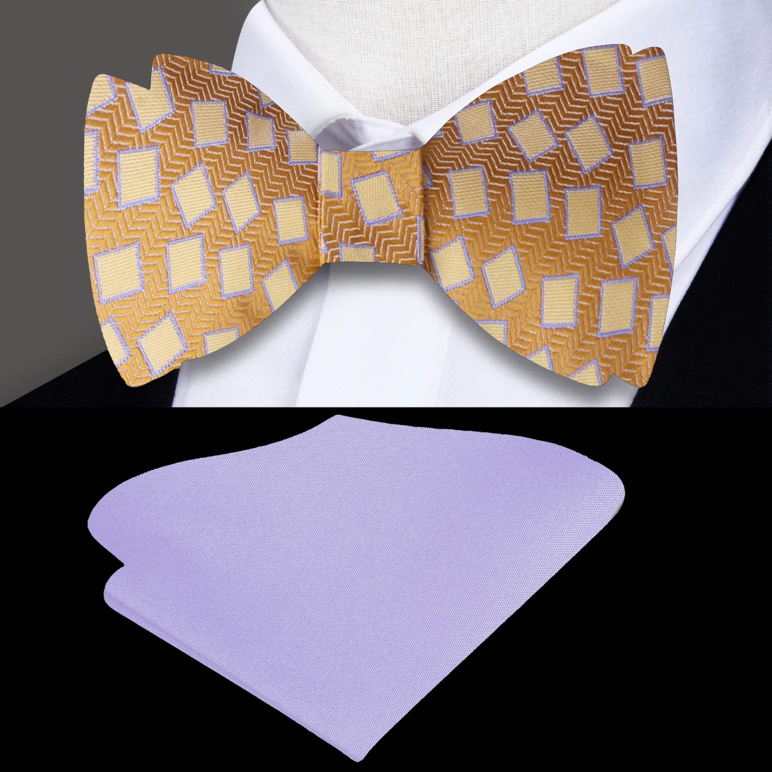 Golden brown self-tie bow tie displayed on a white shirt, showcasing its elegant design.