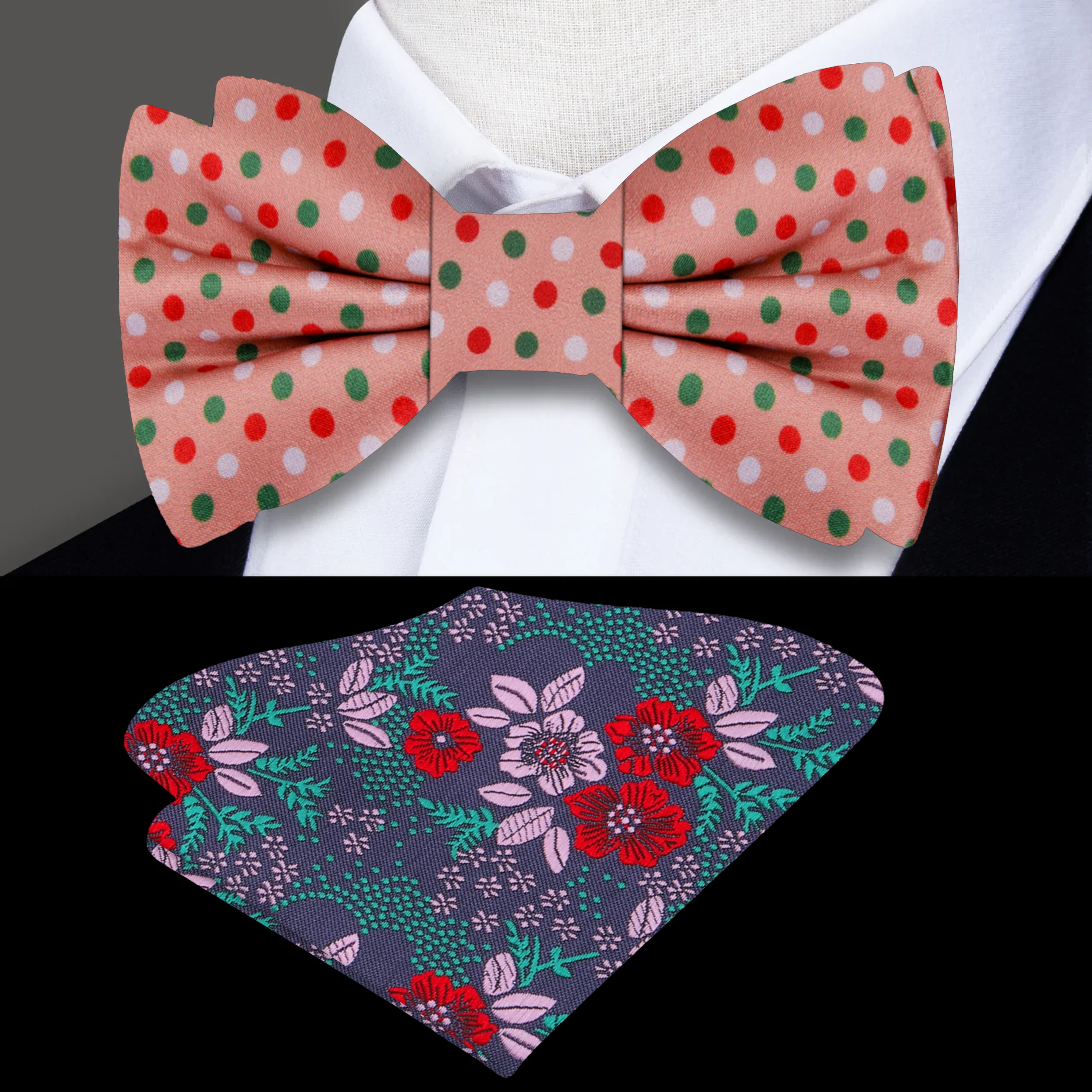 Close-up of the festive polka dot silk bow tie showcasing its vibrant colors and fabric quality.