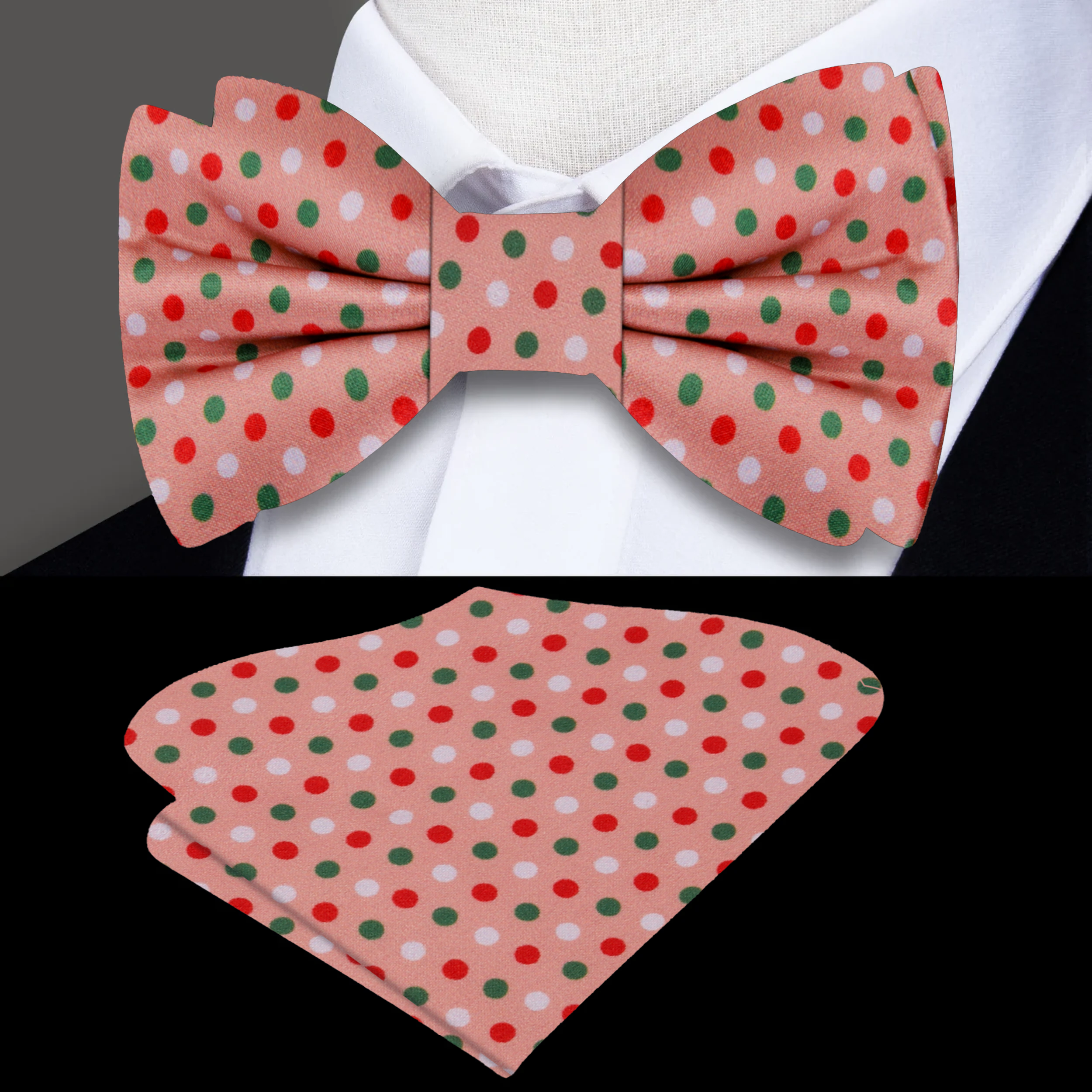 Model wearing the Christmas bow tie at a holiday party, enhancing the festive look.