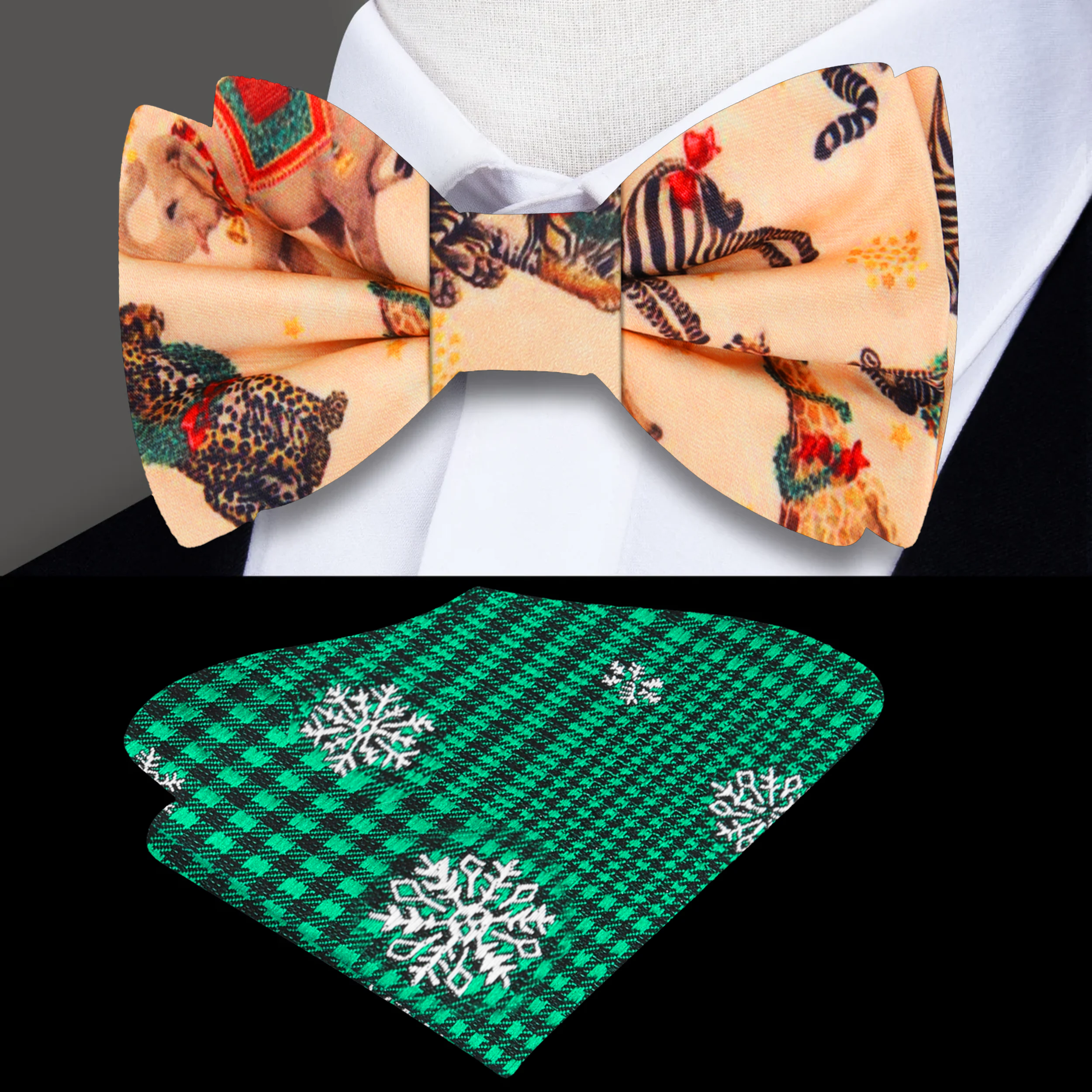 A front-facing view of the silk Christmas bow tie with safari animals, styled on a white shirt for holiday events.